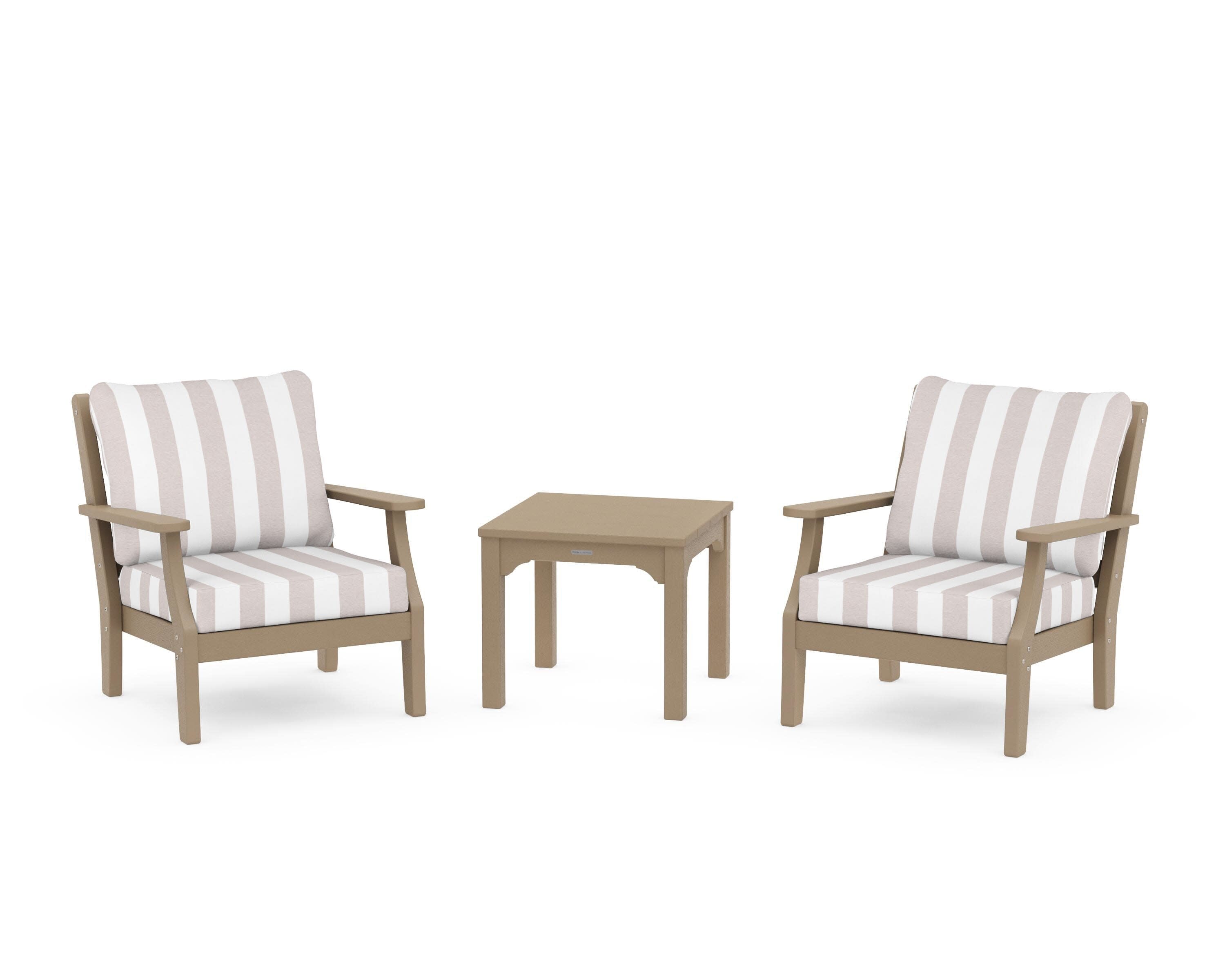 Chinoiserie 3-Piece Deep Seating Set in Vintage Sahara / Cabana Stripe Dune Burlap