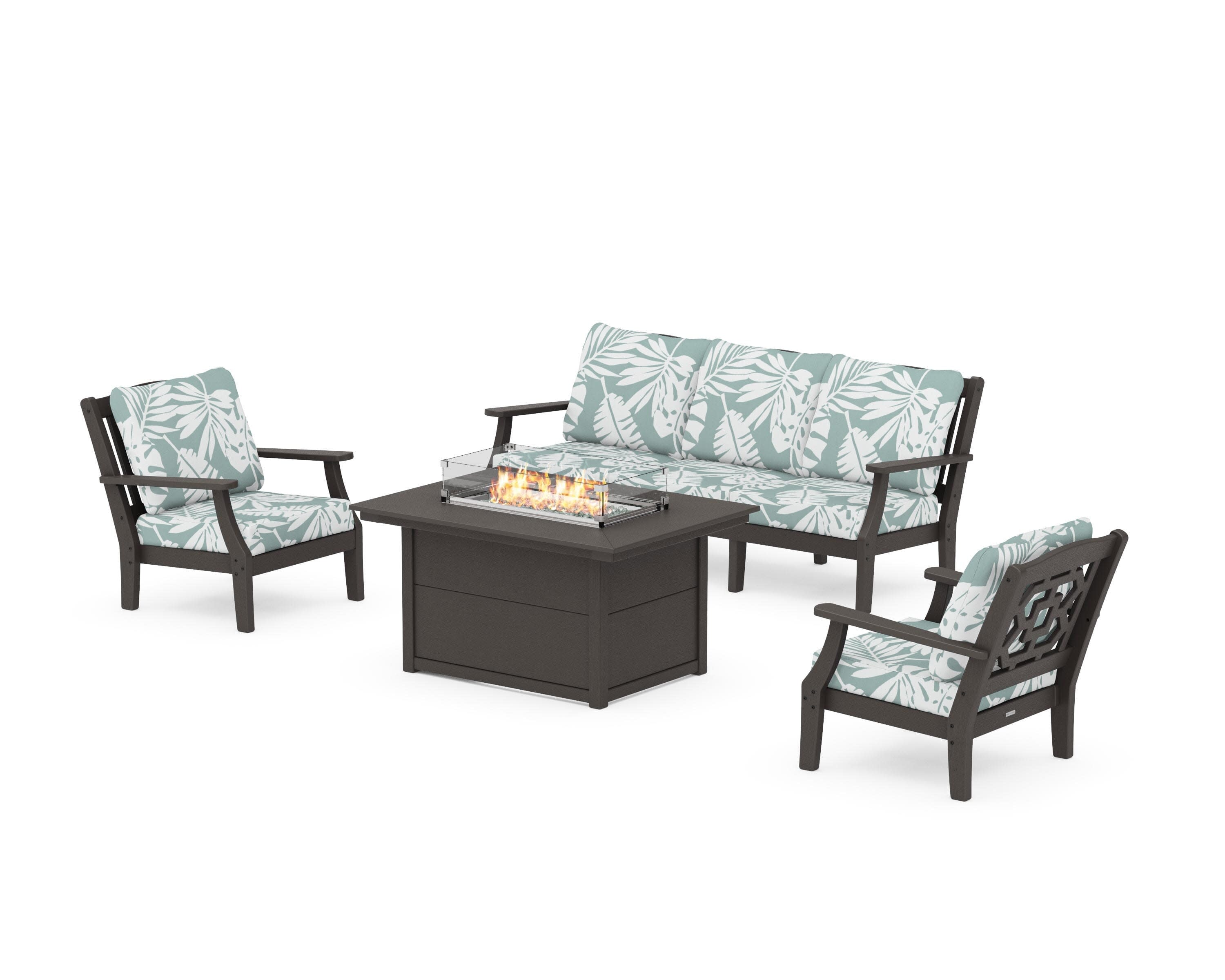 Chinoiserie Deep Seating Fire Pit Table Set in Vintage Coffee / Leaf Glacier Spa