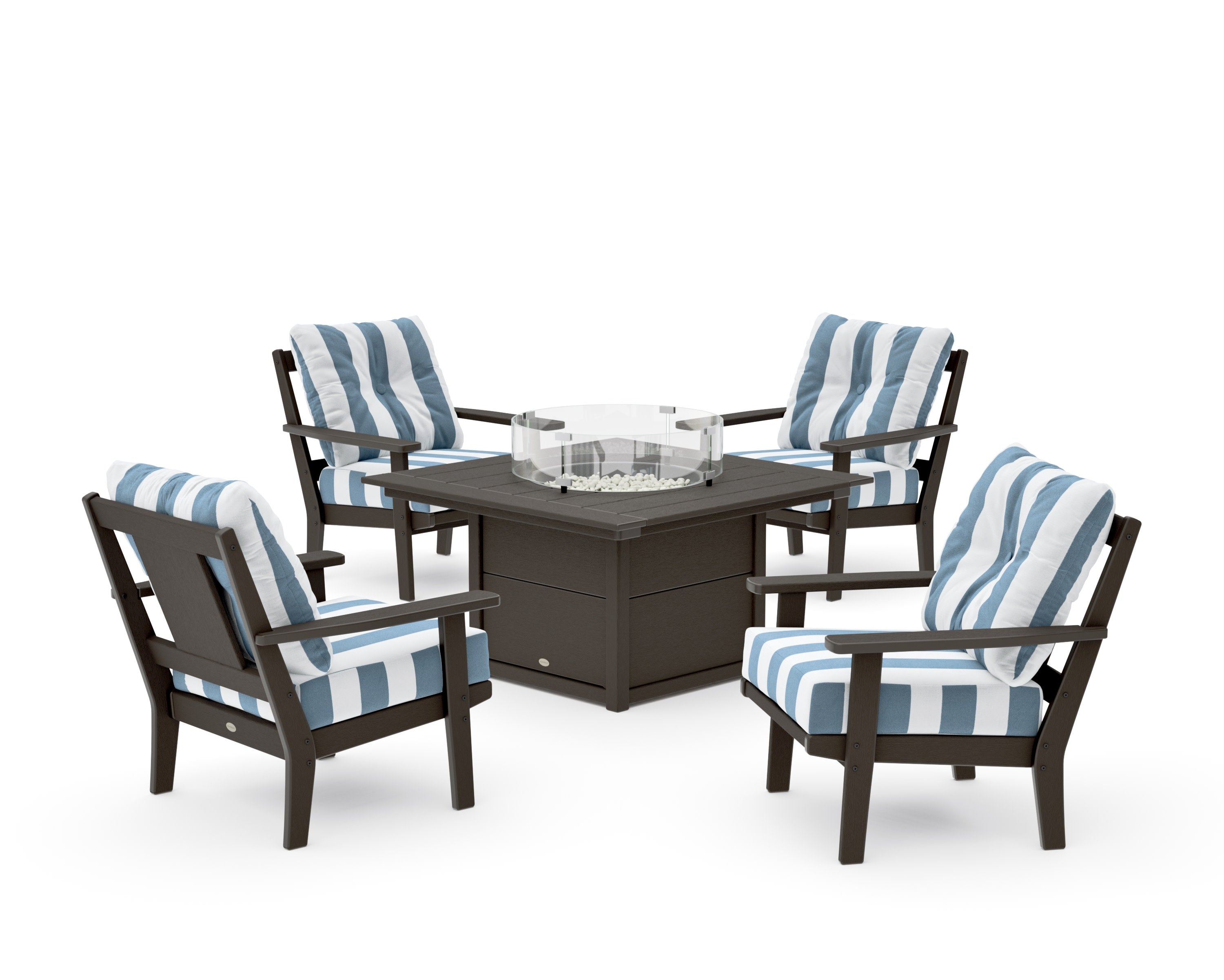 Prairie 5-Piece Deep Seating Set with Fire Pit Table in Vintage Coffee / Cabana Stripe Sky Blue