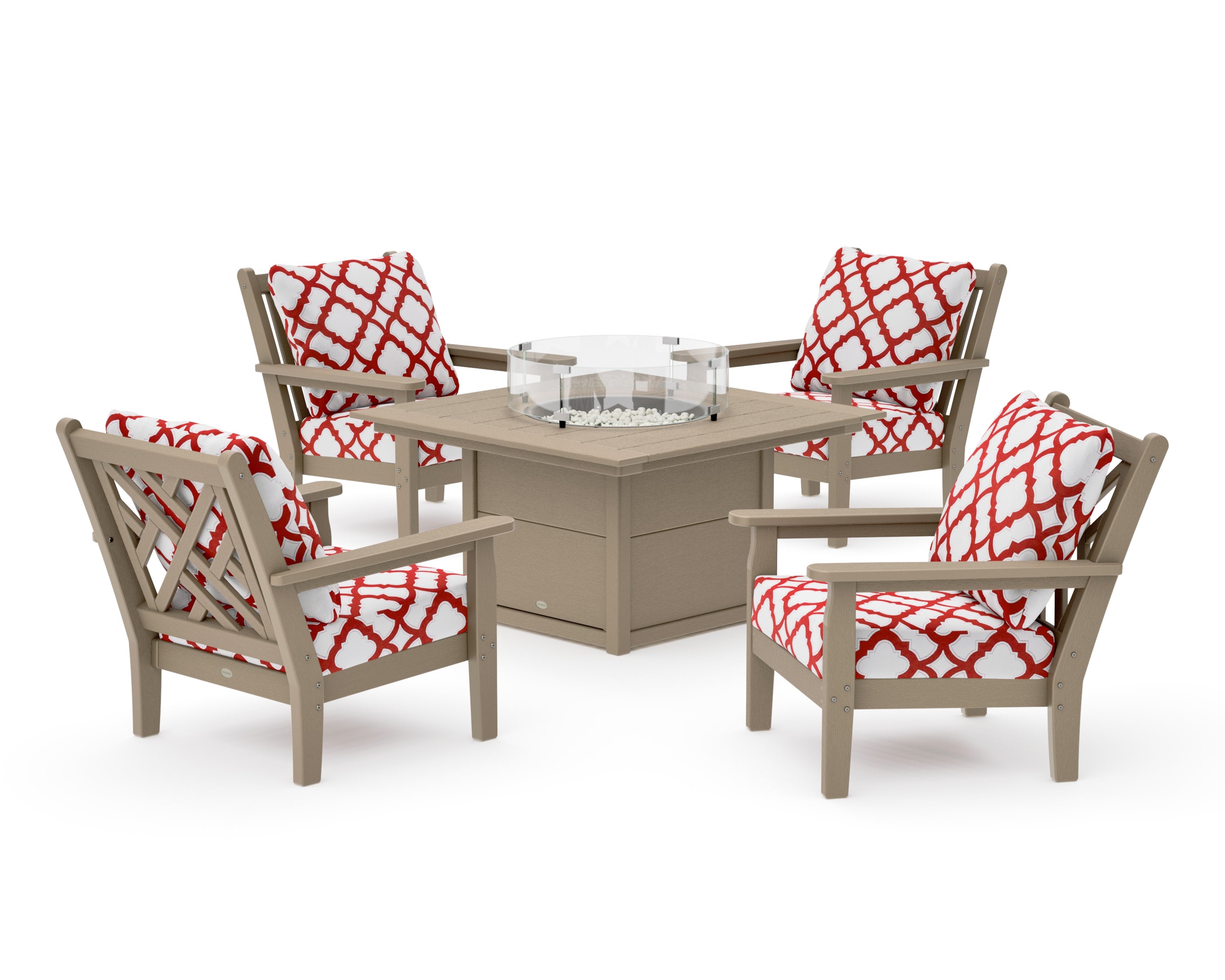 Chippendale 5-Piece Deep Seating Set with Fire Pit Table in Vintage Sahara / Trellis Crimson