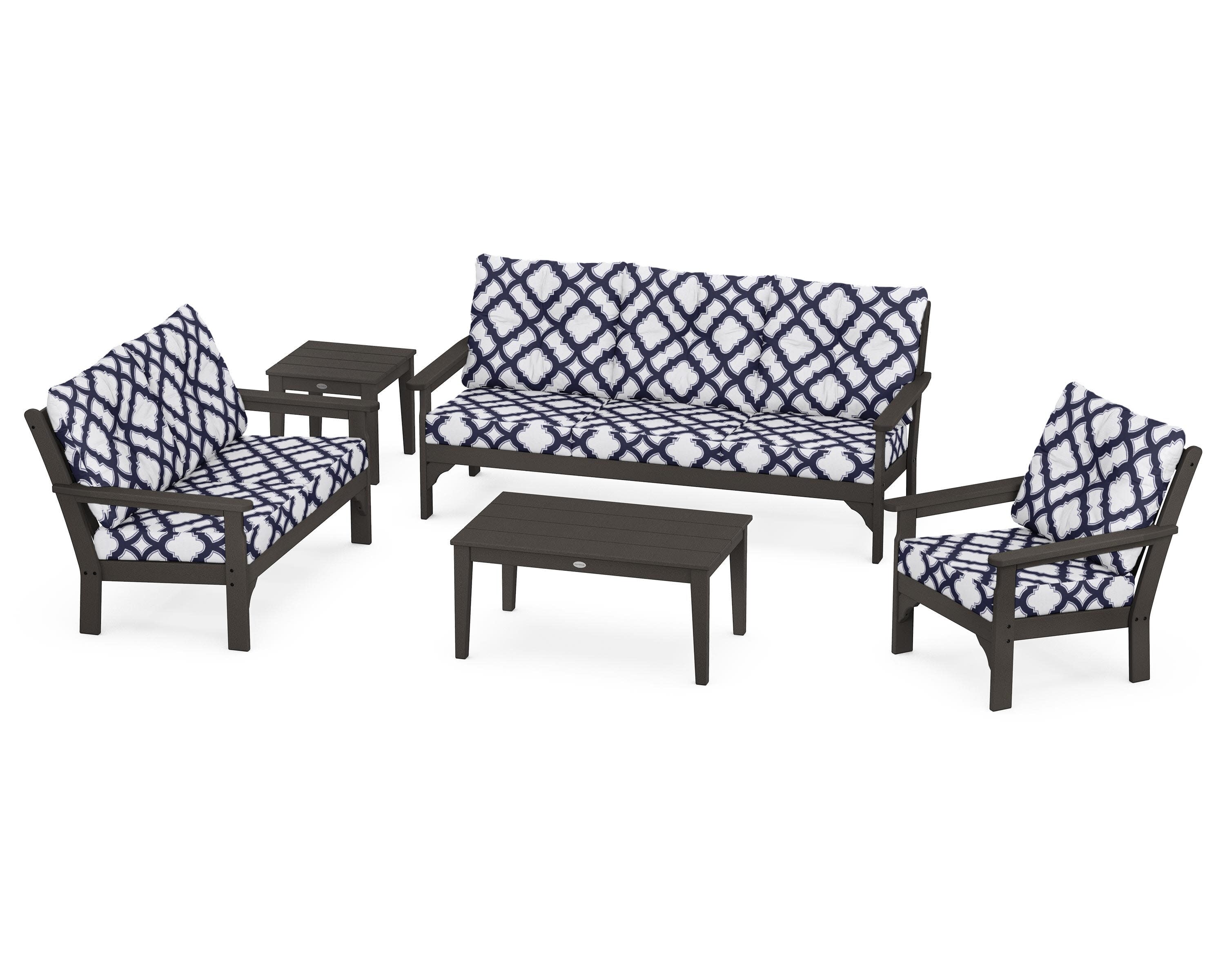 Vineyard 5 Piece Deep Seating Set in Vintage Coffee / Trellis Navy