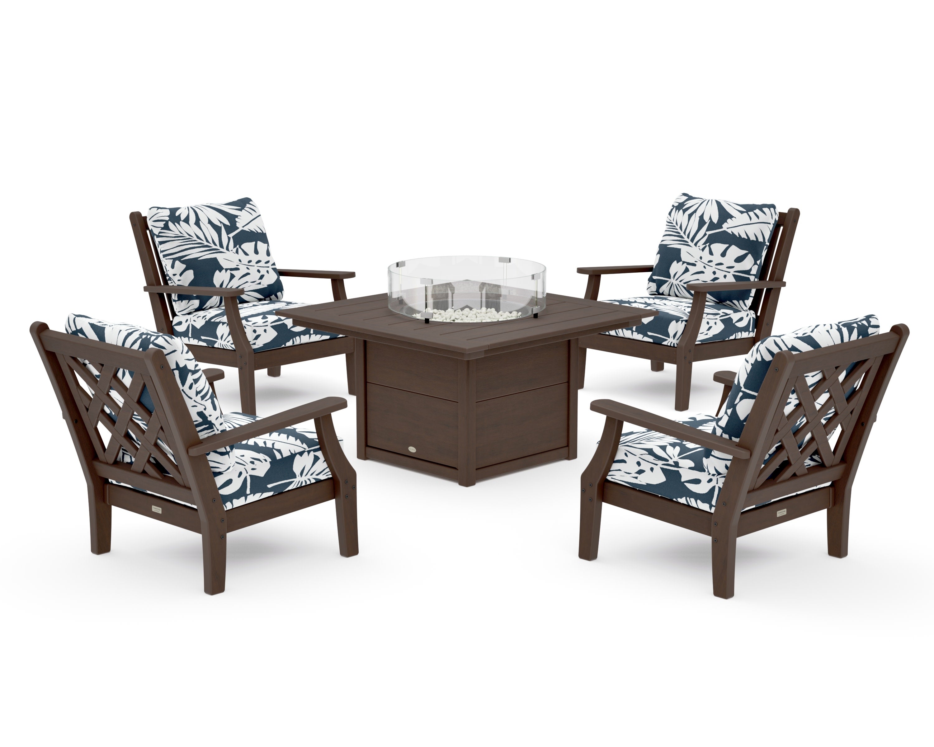 Wovendale 5-Piece Deep Seating Set with Fire Pit Table in Kona / Leaf Marine Indigo