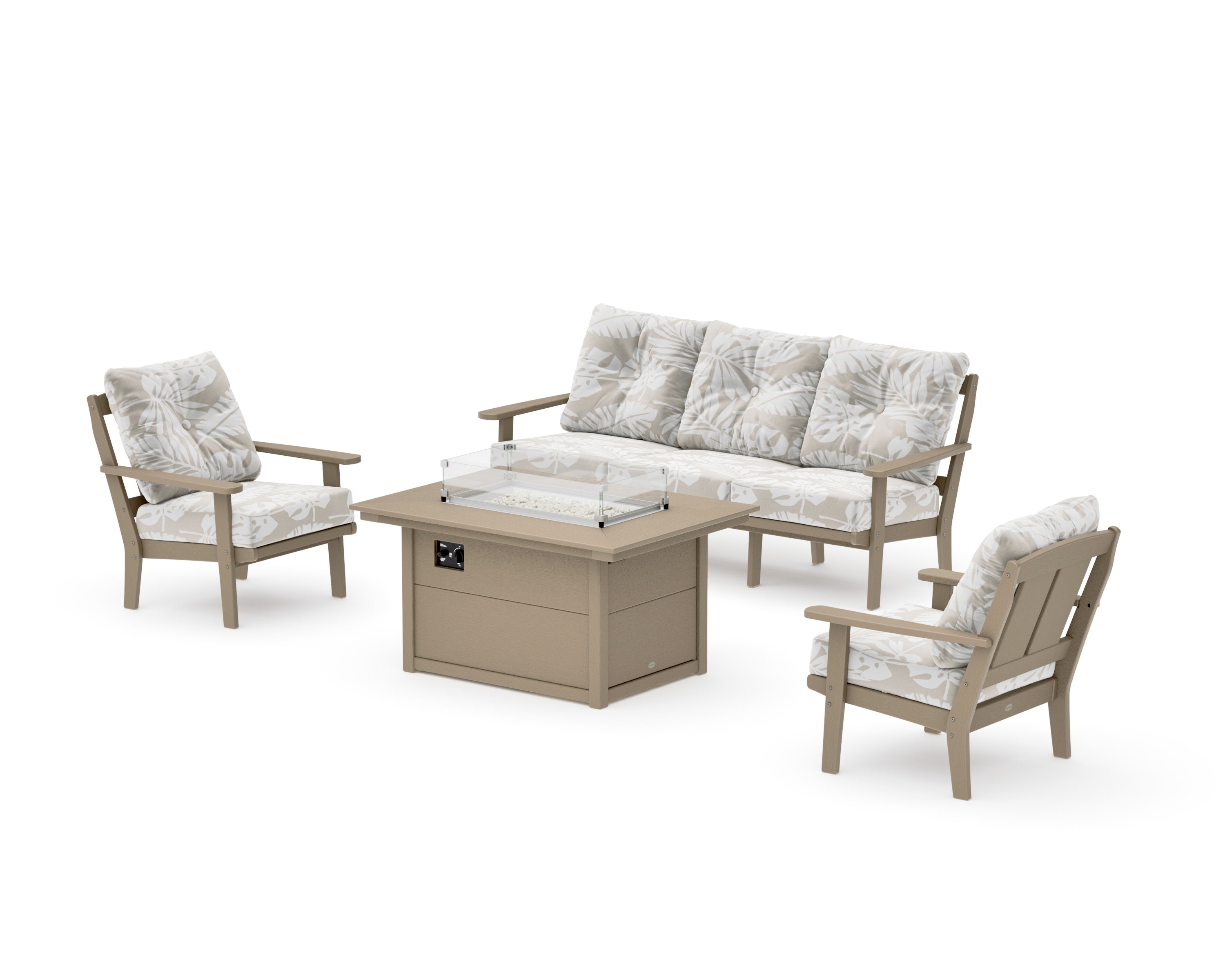 Mission Deep Seating Fire Pit Table Set in Vintage Sahara / Leaf Dune Burlap