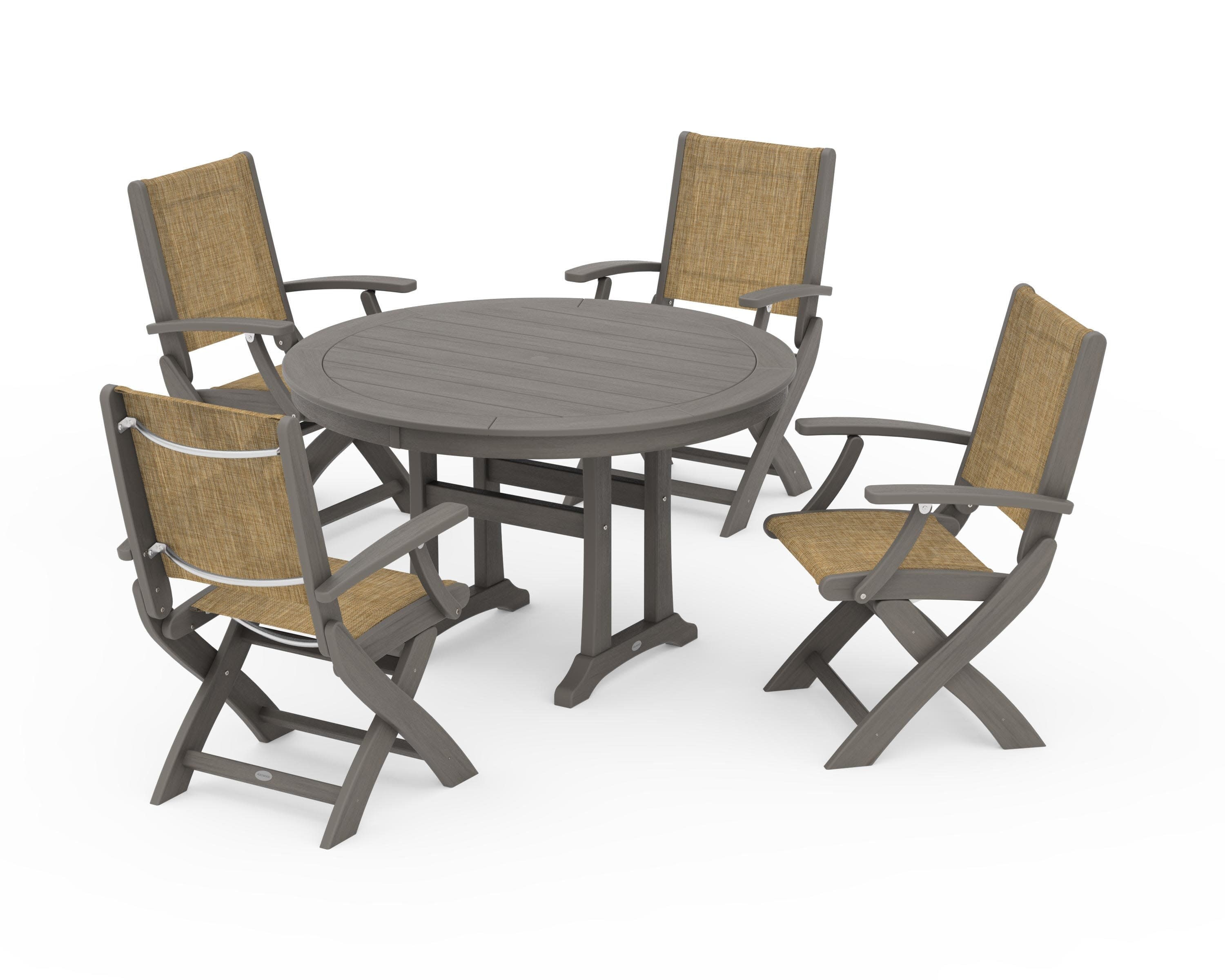 Coastal Folding Chair 5-Piece Round Dining Set with Trestle Legs in Driftwood / Burlap Sling
