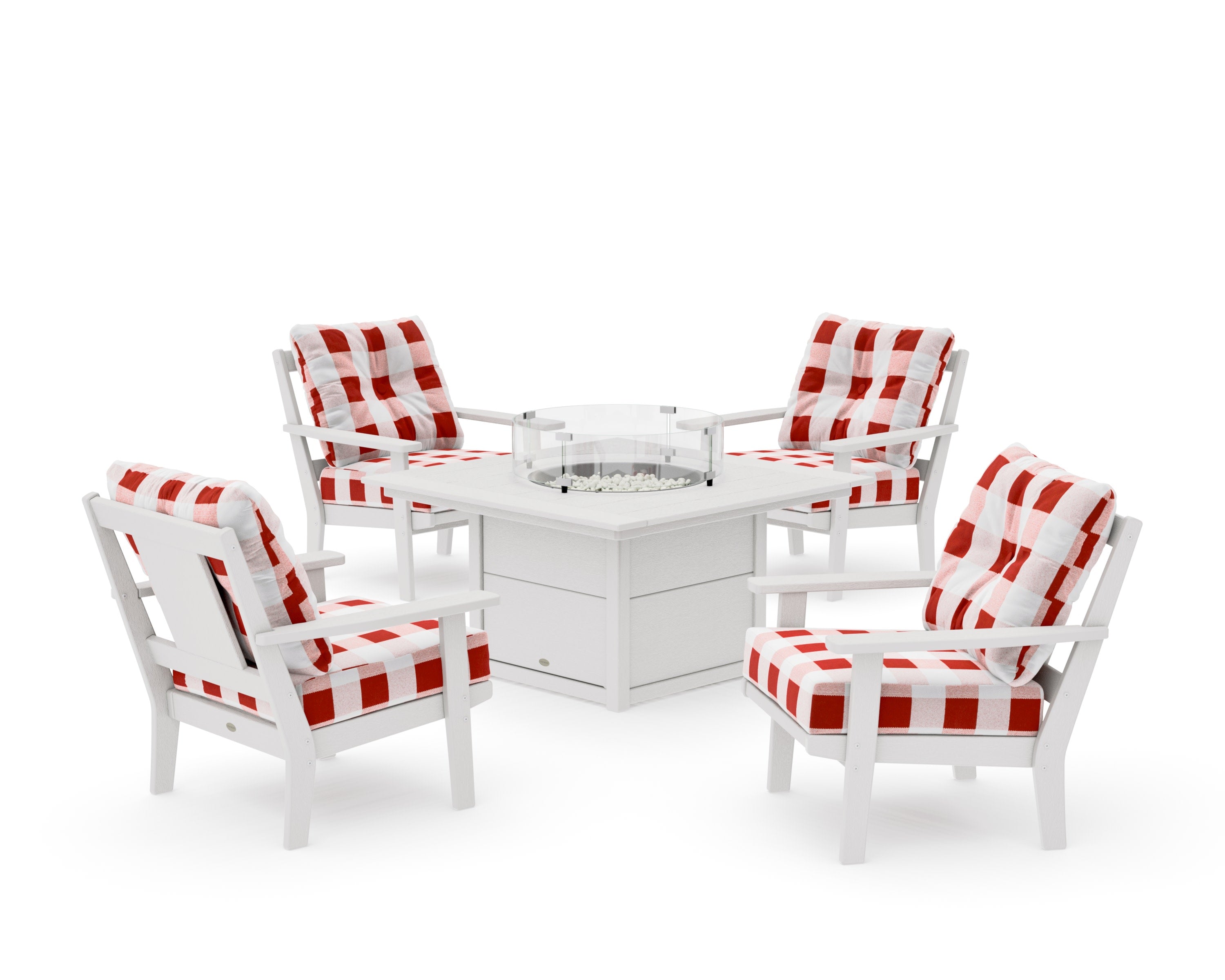 Prairie 5-Piece Deep Seating Set with Fire Pit Table in Vintage White / Buffalo Plaid Crimson