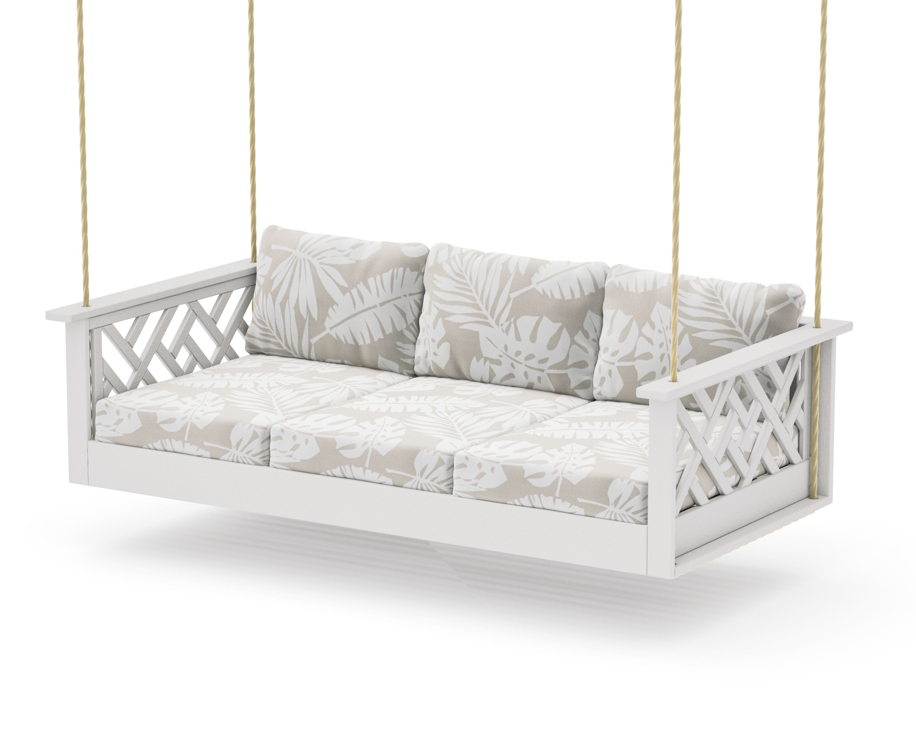 Chippendale Daybed Swing in Vintage White / Leaf Dune Burlap