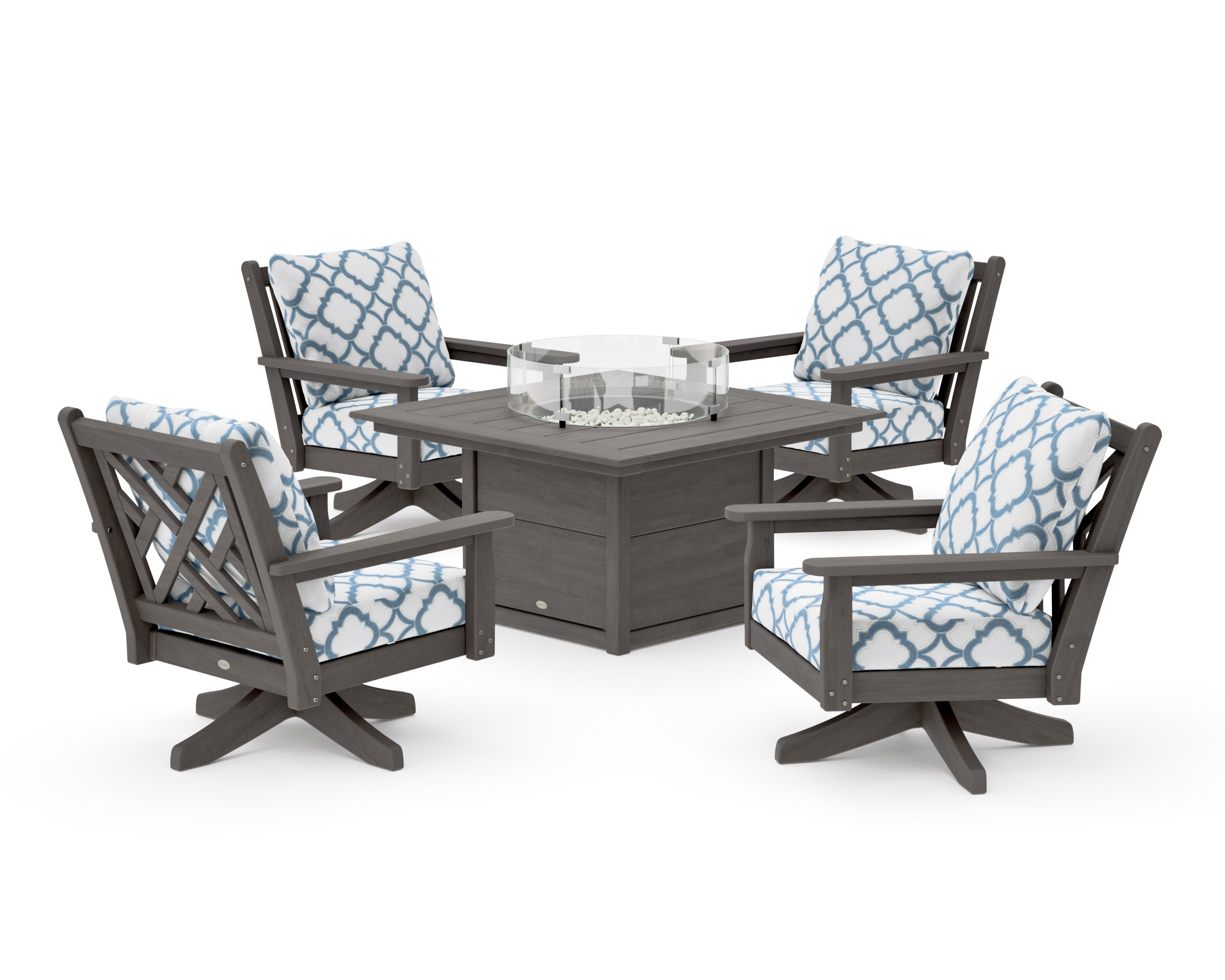 Chippendale 5-Piece Deep Seating Swivel Conversation Set with Fire Pit Table in Driftwood / Trellis Sky Blue