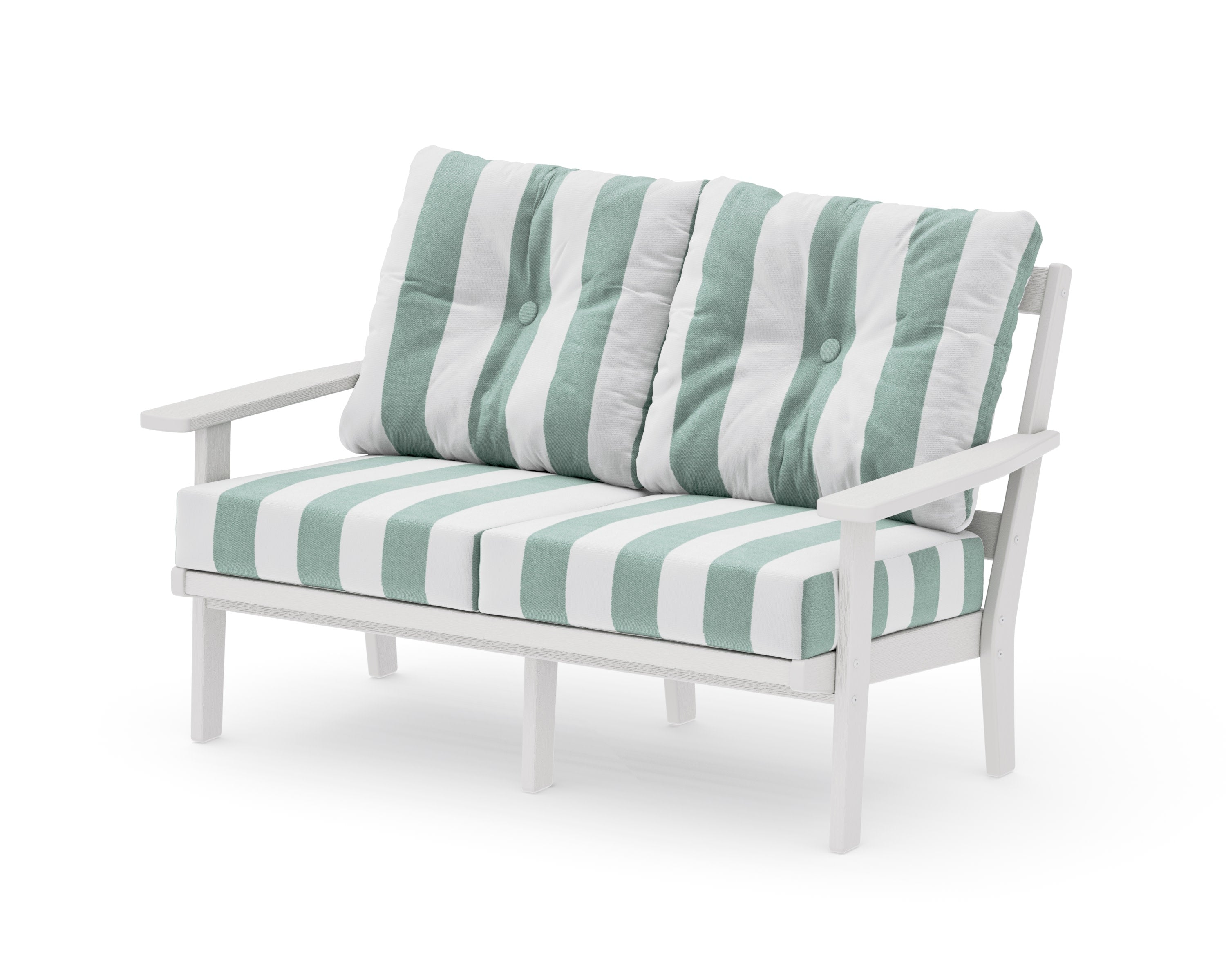 Prairie Deep SeatingLoveseat in Vintage White / Cabana Stripe Glacier Spa