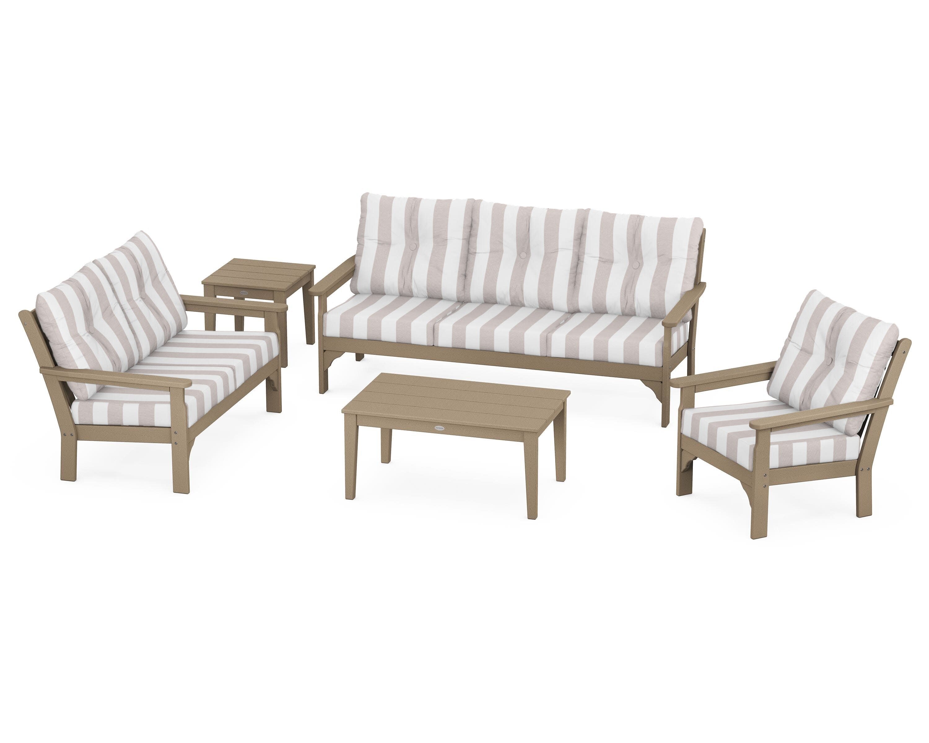 Vineyard 5 Piece Deep Seating Set in Vintage Sahara / Cabana Stripe Dune Burlap