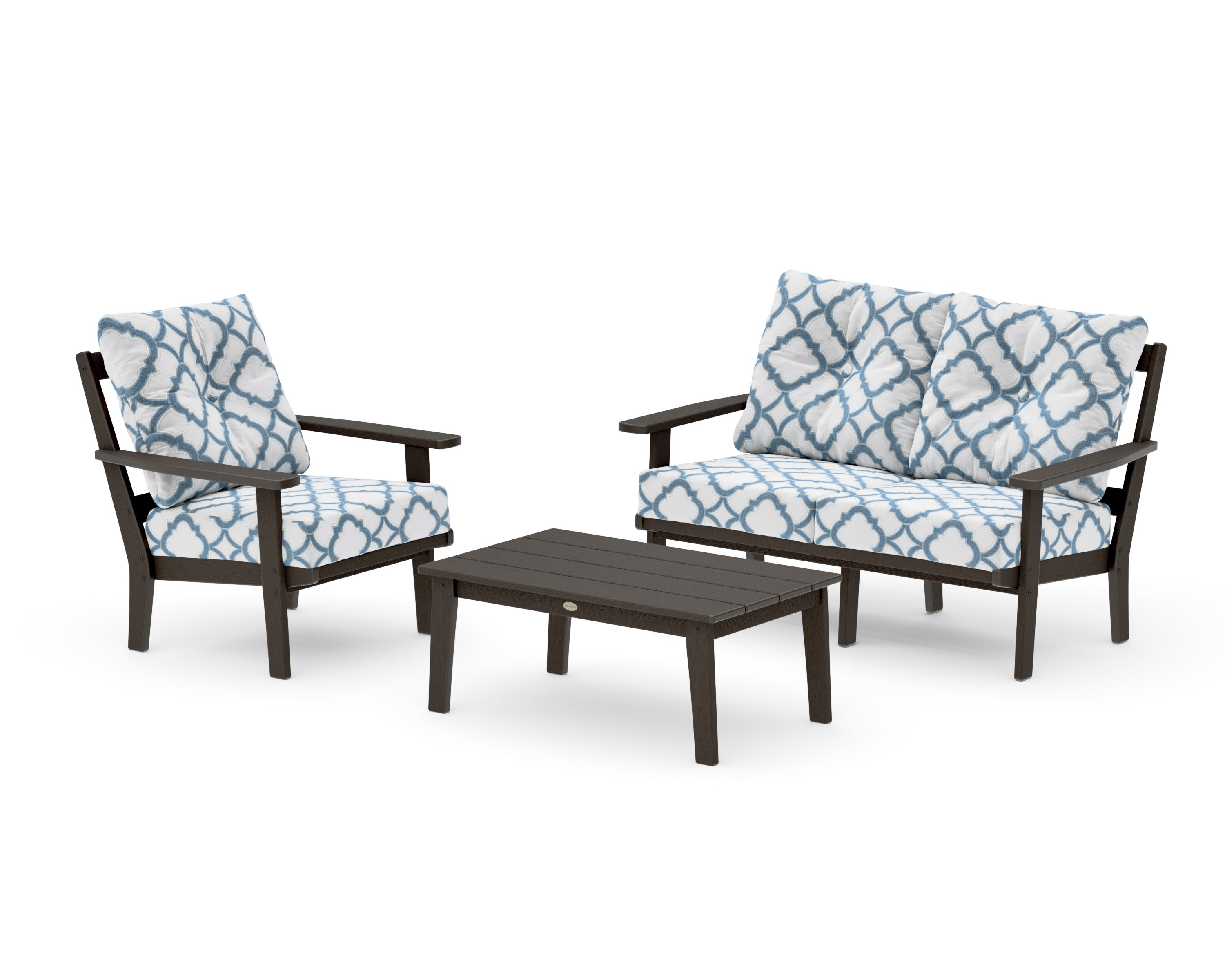 Oxford 3-Piece Deep Seating Set with Loveseat in Vintage Coffee / Trellis Sky Blue