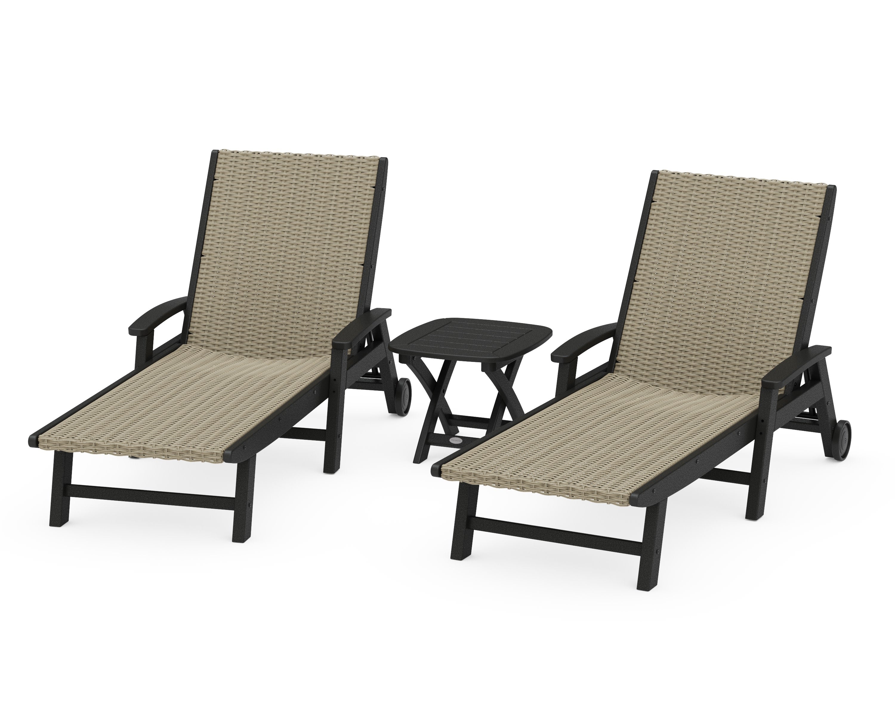 3-Piece Coastal Woven Chaise with Arms and Wheels Chaise Lounge Set in Black / Dune Grass