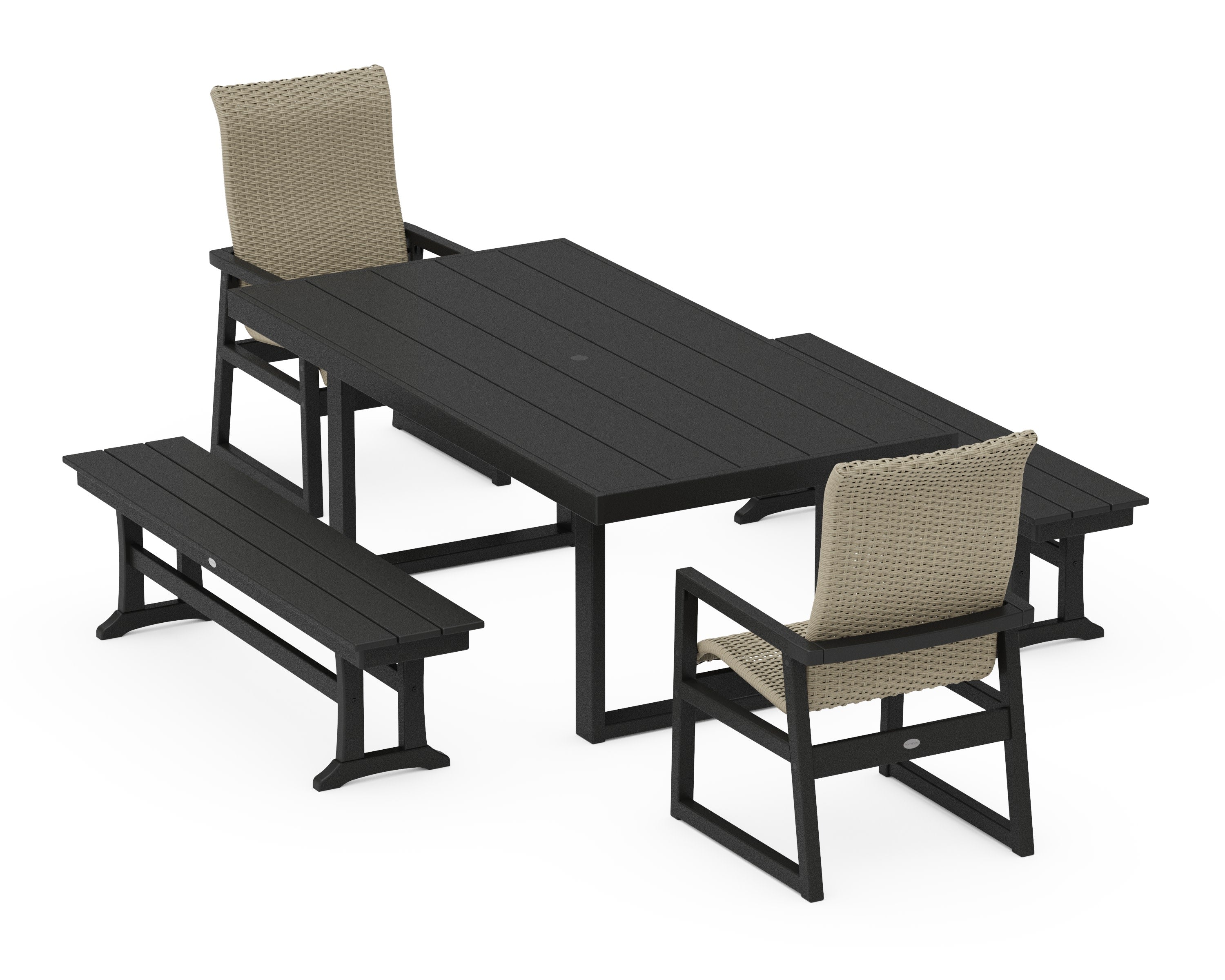 EDGE Woven Highback 5-Piece Dining Set with Benches in Black / Dune Grass