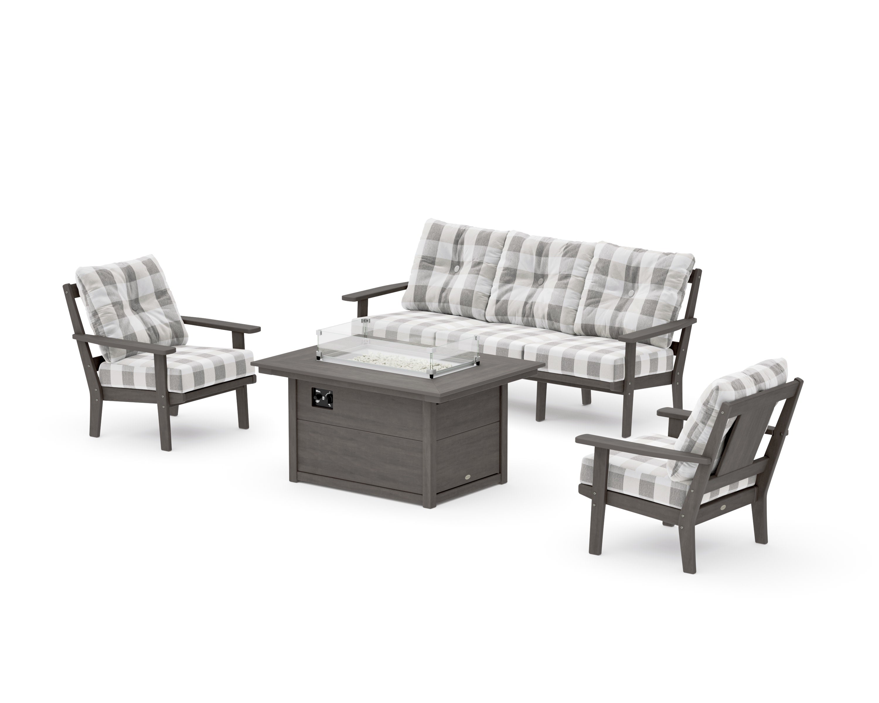 Prairie Deep Seating Fire Pit Table Set in Driftwood / Buffalo Plaid Grey Mist