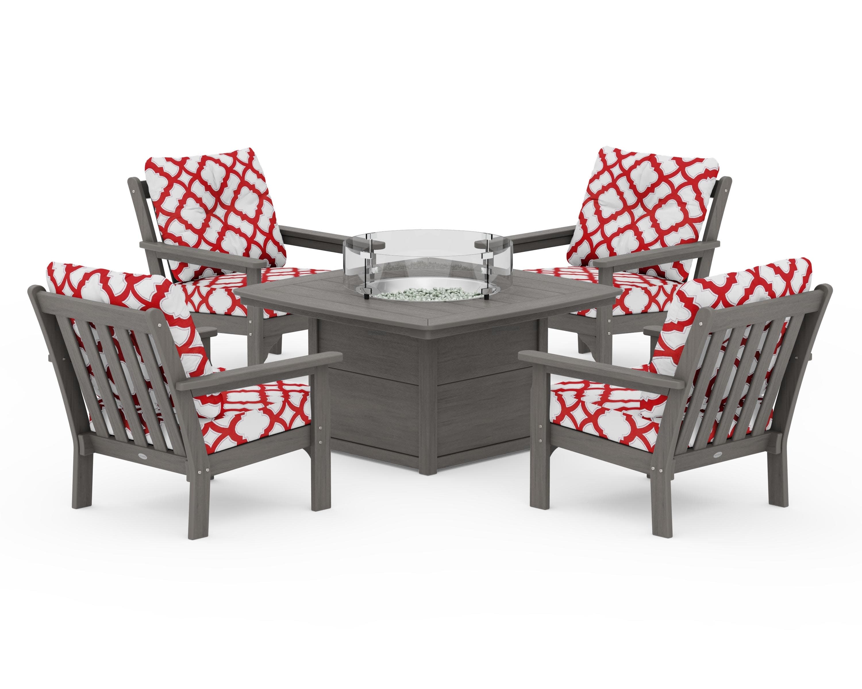 Vineyard 5-Piece Conversation Set with Fire Pit Table in Driftwood / Trellis Crimson