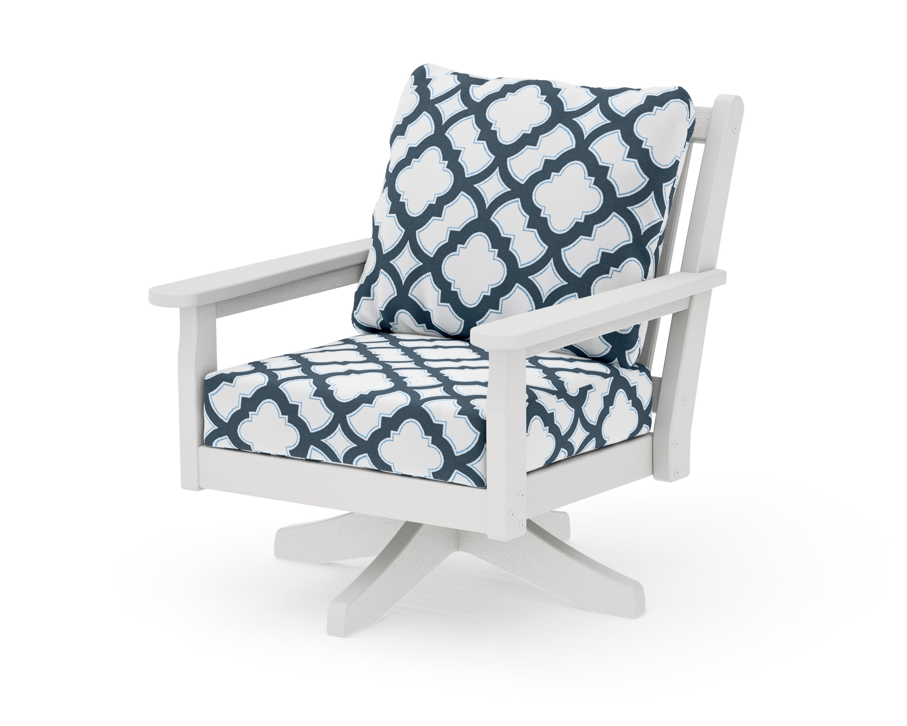 Chippendale Deep Seating Swivel Chair in Vintage White / Trellis Marine Indigo