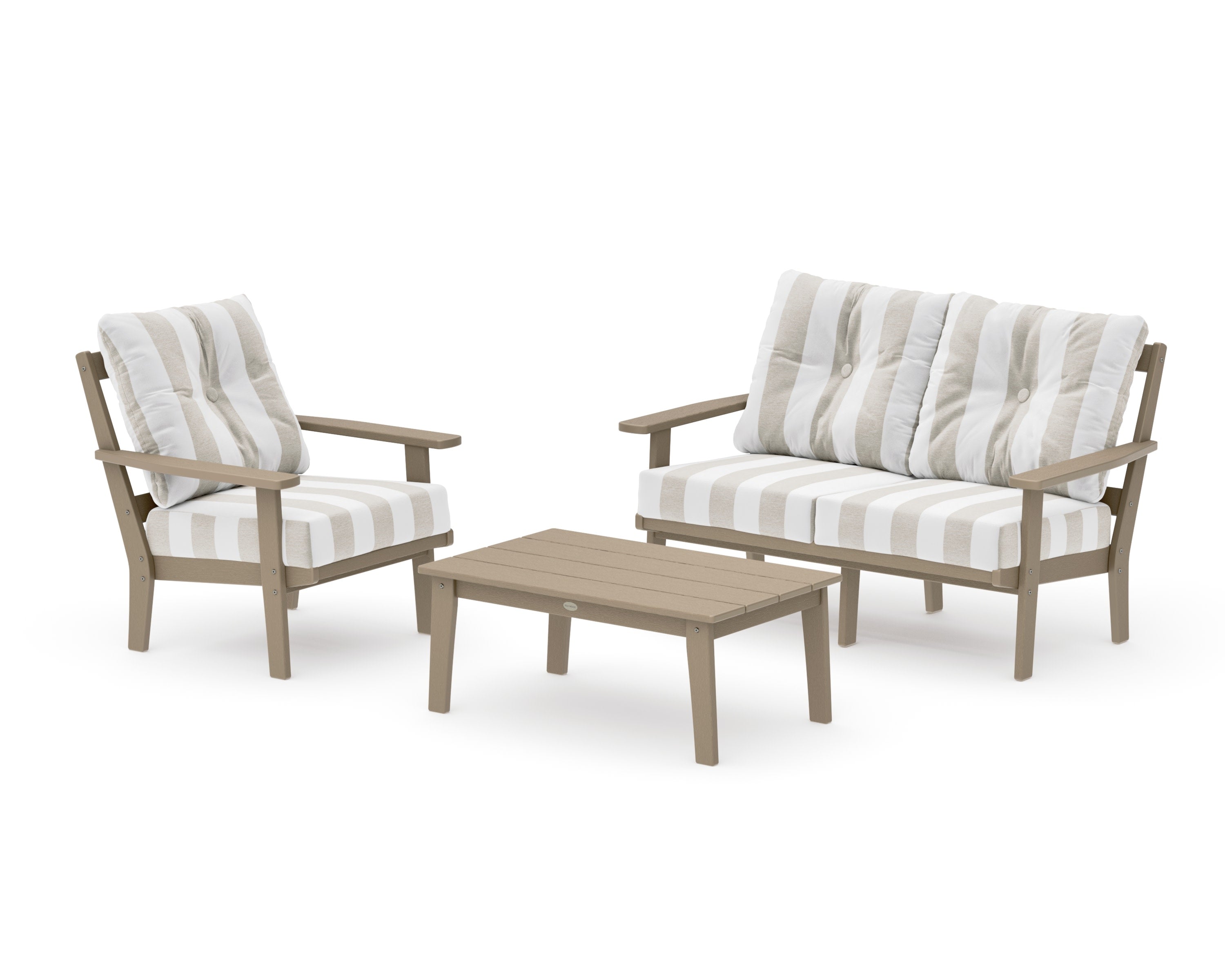 Oxford 3-Piece Deep Seating Set with Loveseat in Vintage Sahara / Cabana Stripe Dune Burlap