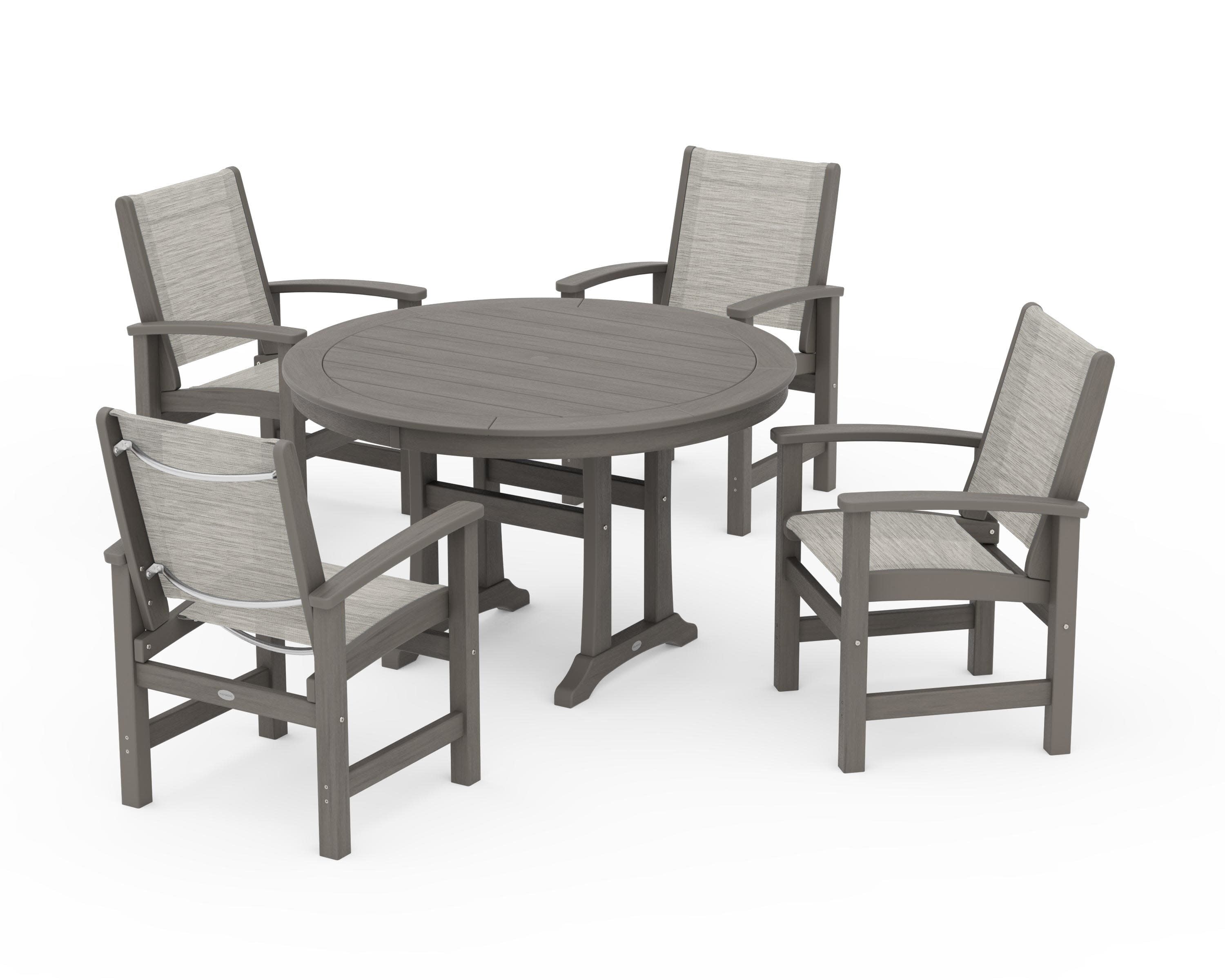 Coastal 5-Piece Round Dining Set with Trestle Legs in Driftwood / Birch Sling
