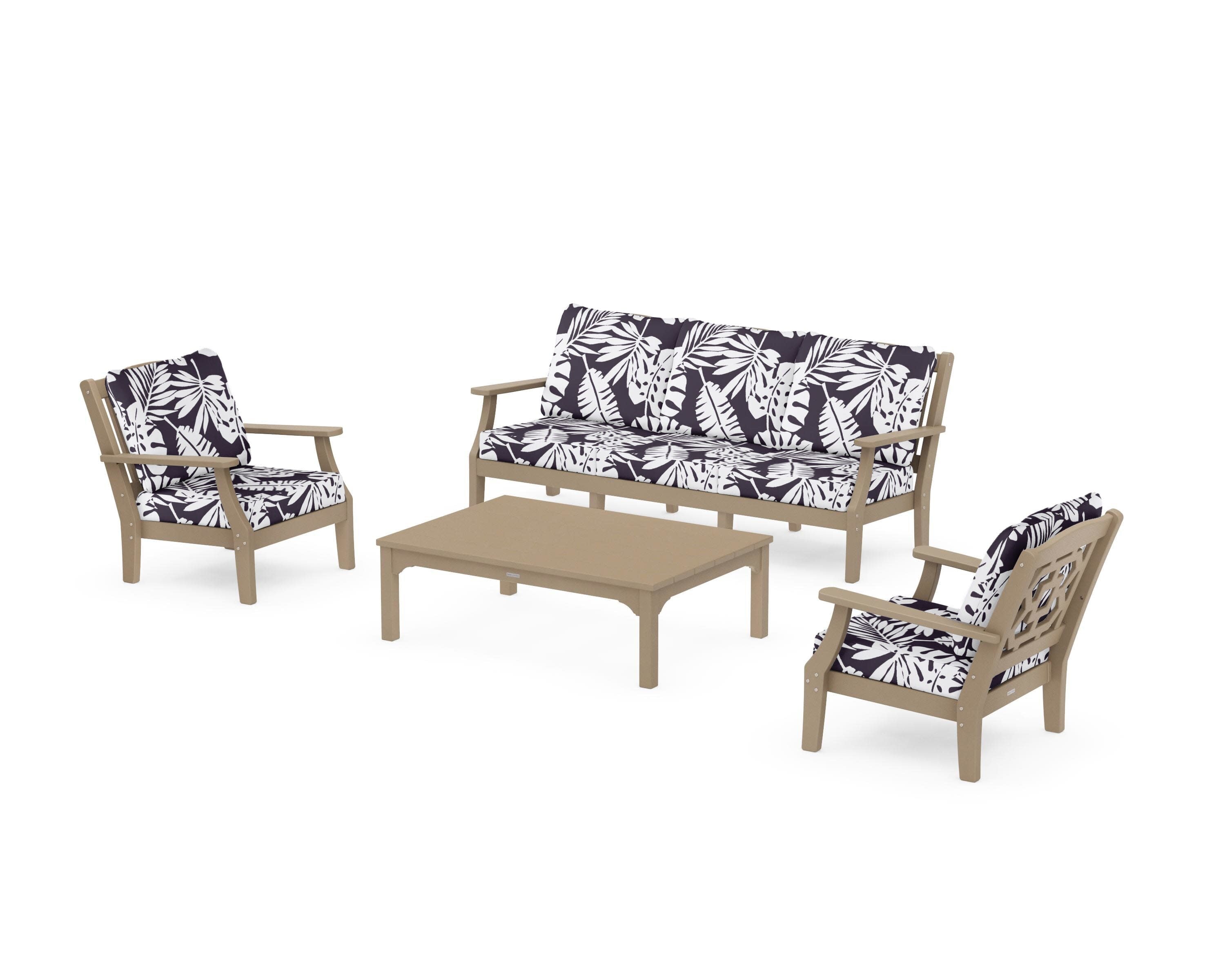 Chinoiserie 4-Piece Deep Seating Set with Sofa in Vintage Sahara / Leaf Navy