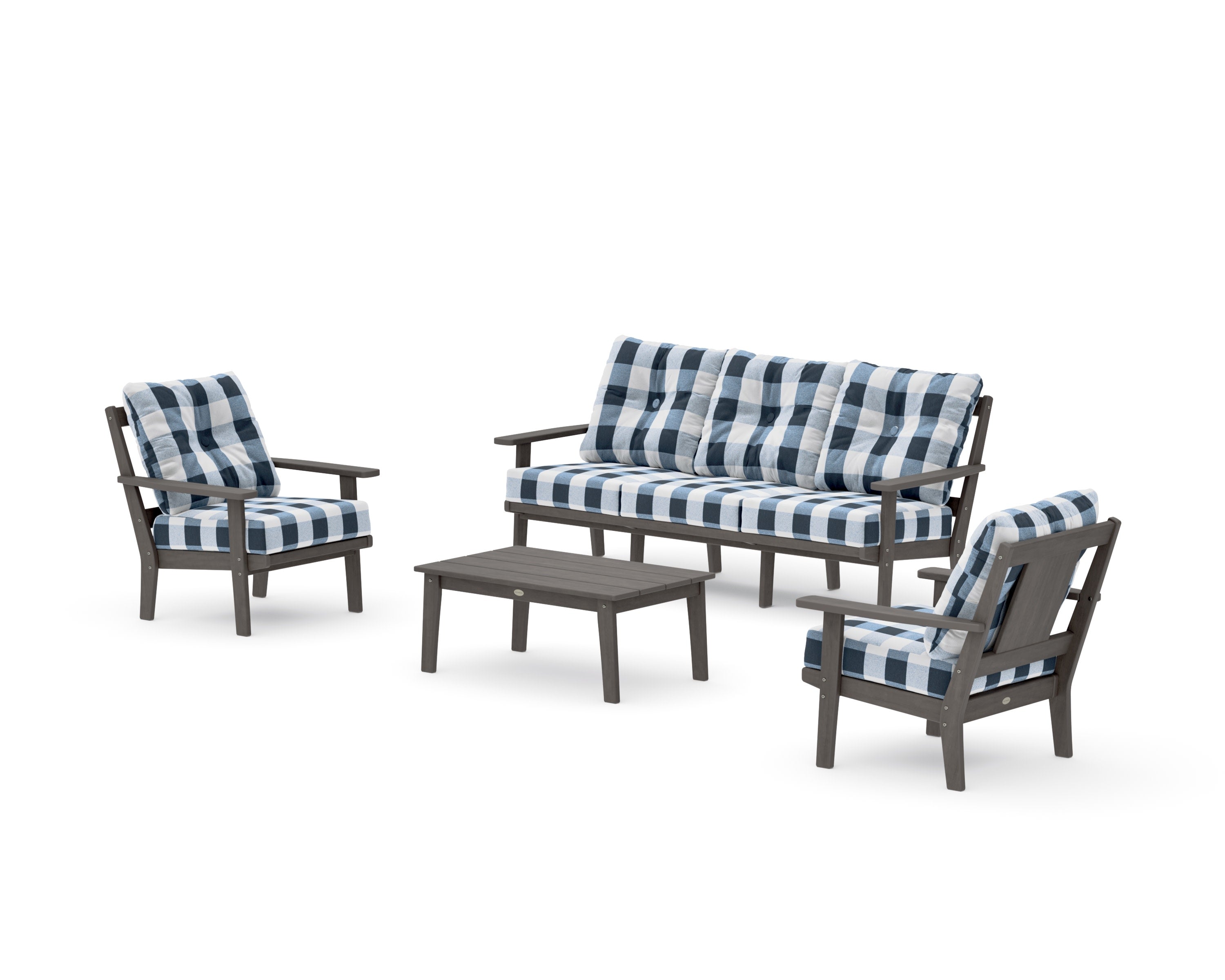 Prairie 4-Piece Deep Seating Set with Sofa in Driftwood / Buffalo Plaid Marine Indigo