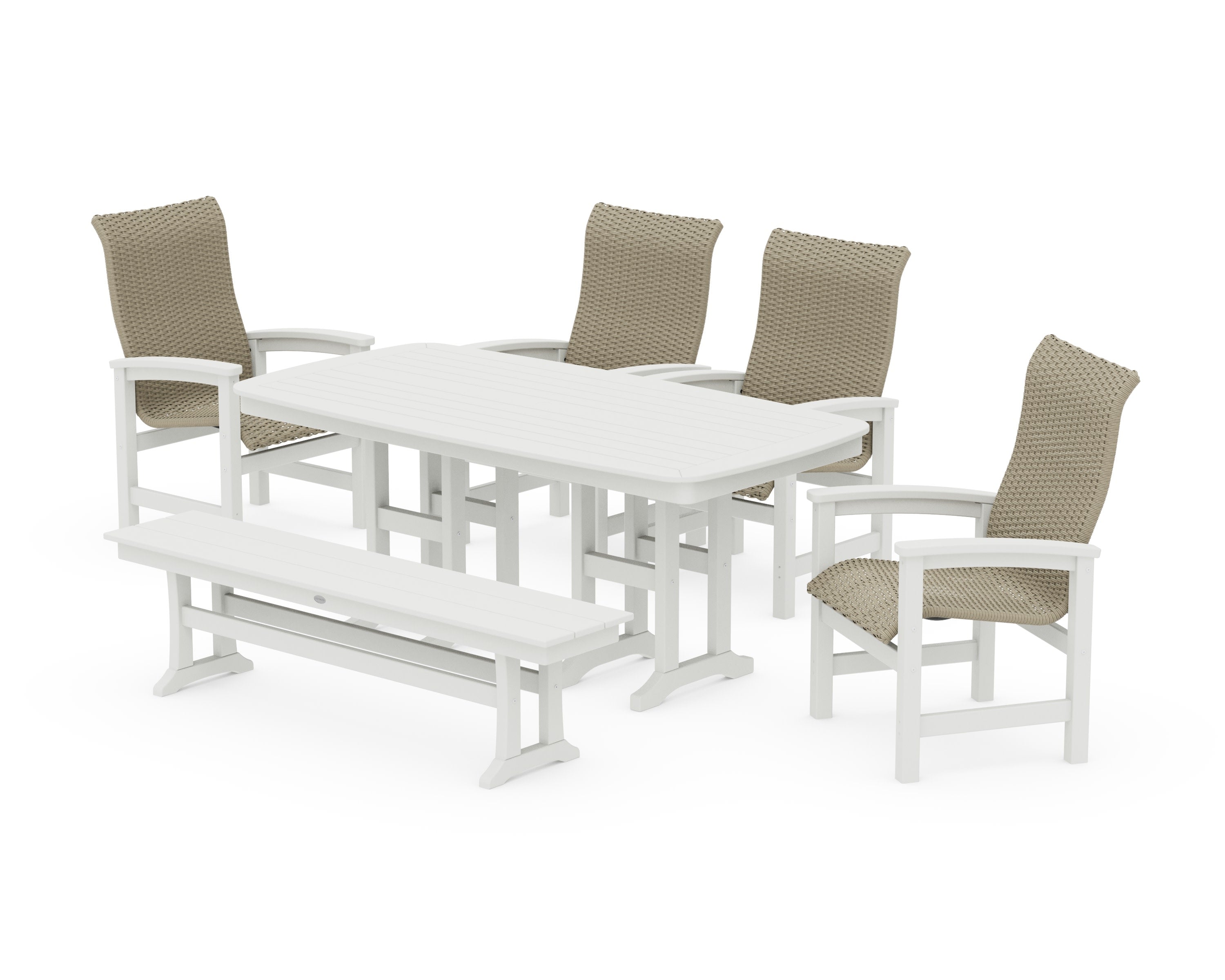 Coastal Woven High-Back 6-Piece Farmhouse Dining Set with Bench in White / Dune Grass