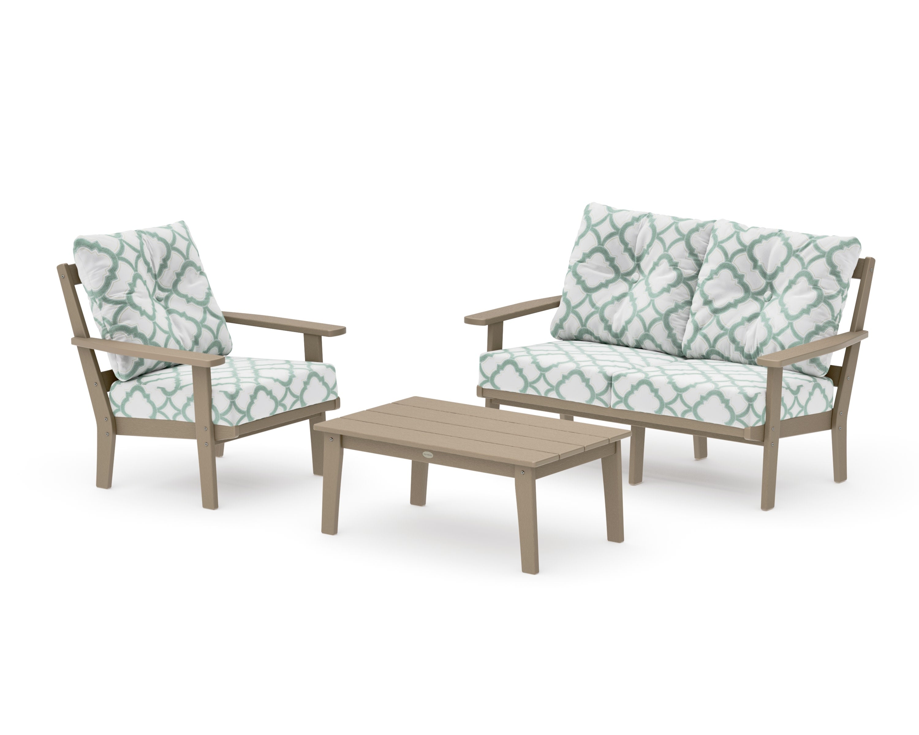 Oxford 3-Piece Deep Seating Set with Loveseat in Vintage Sahara / Trellis Glacier Spa