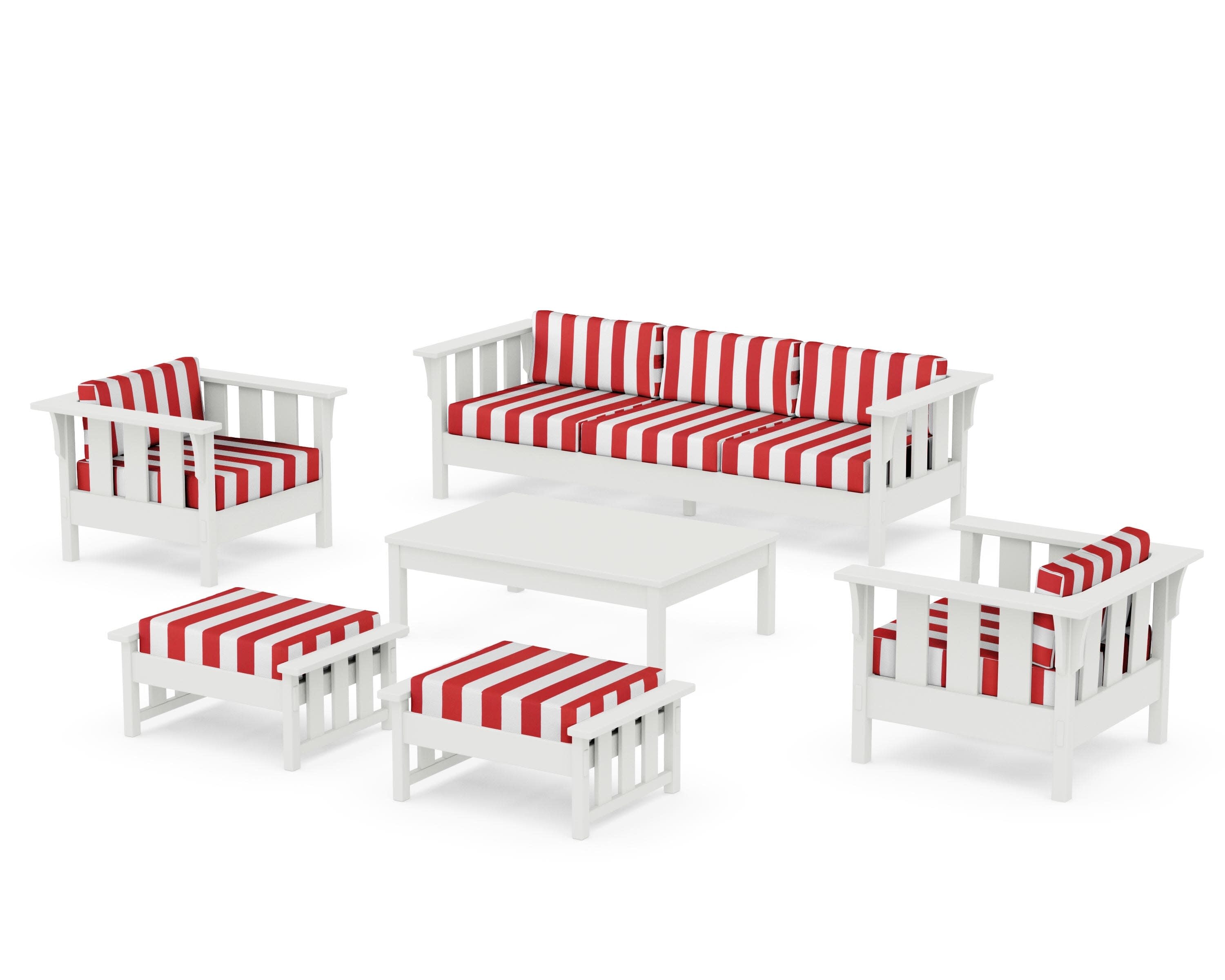 Acadia 6-Piece Lounge Sofa Set in Vintage White / Cabana Stripe Crimson