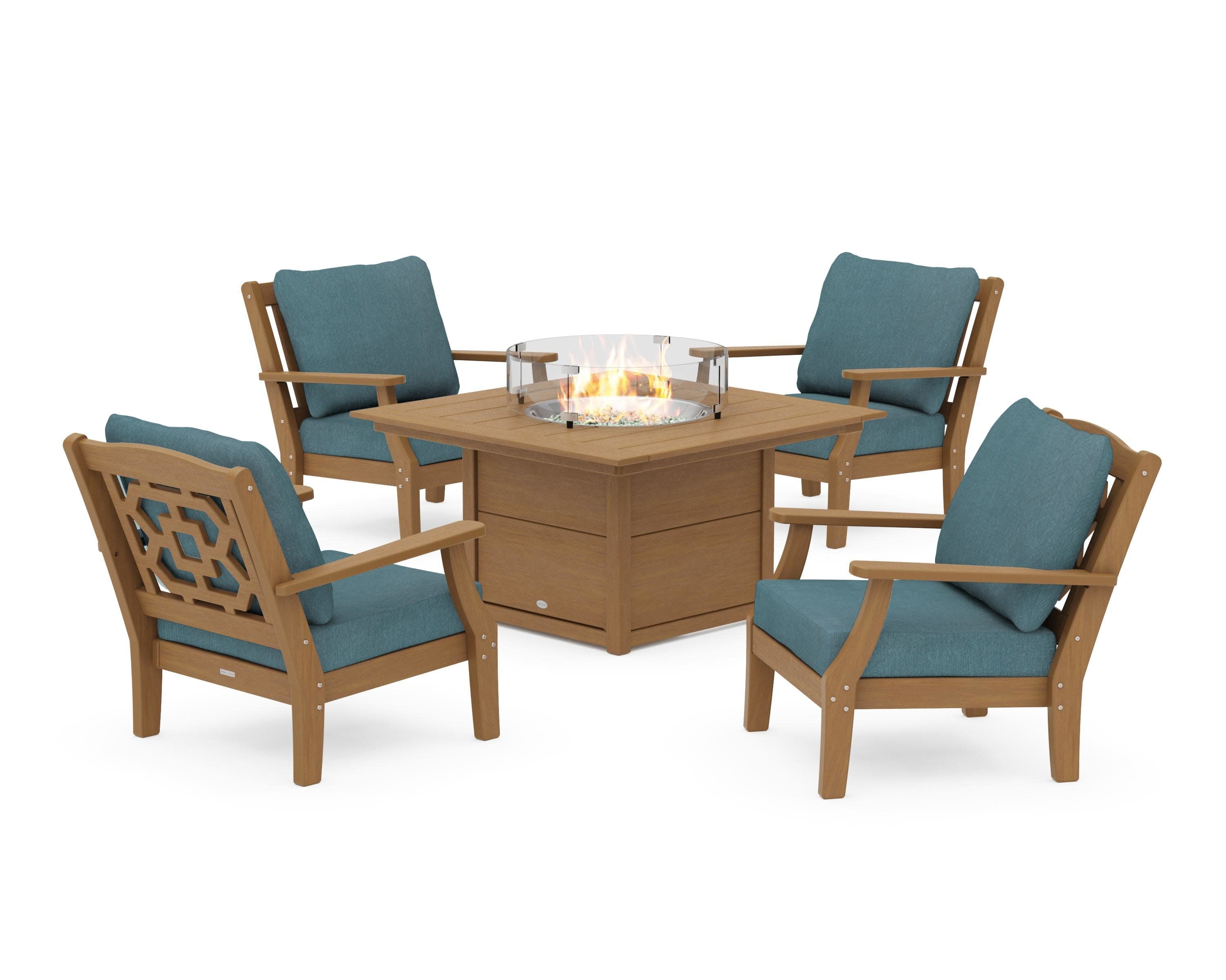 Chinoiserie 5-Piece Deep Seating Set with Fire Pit Table in Natural / Ocean Teal