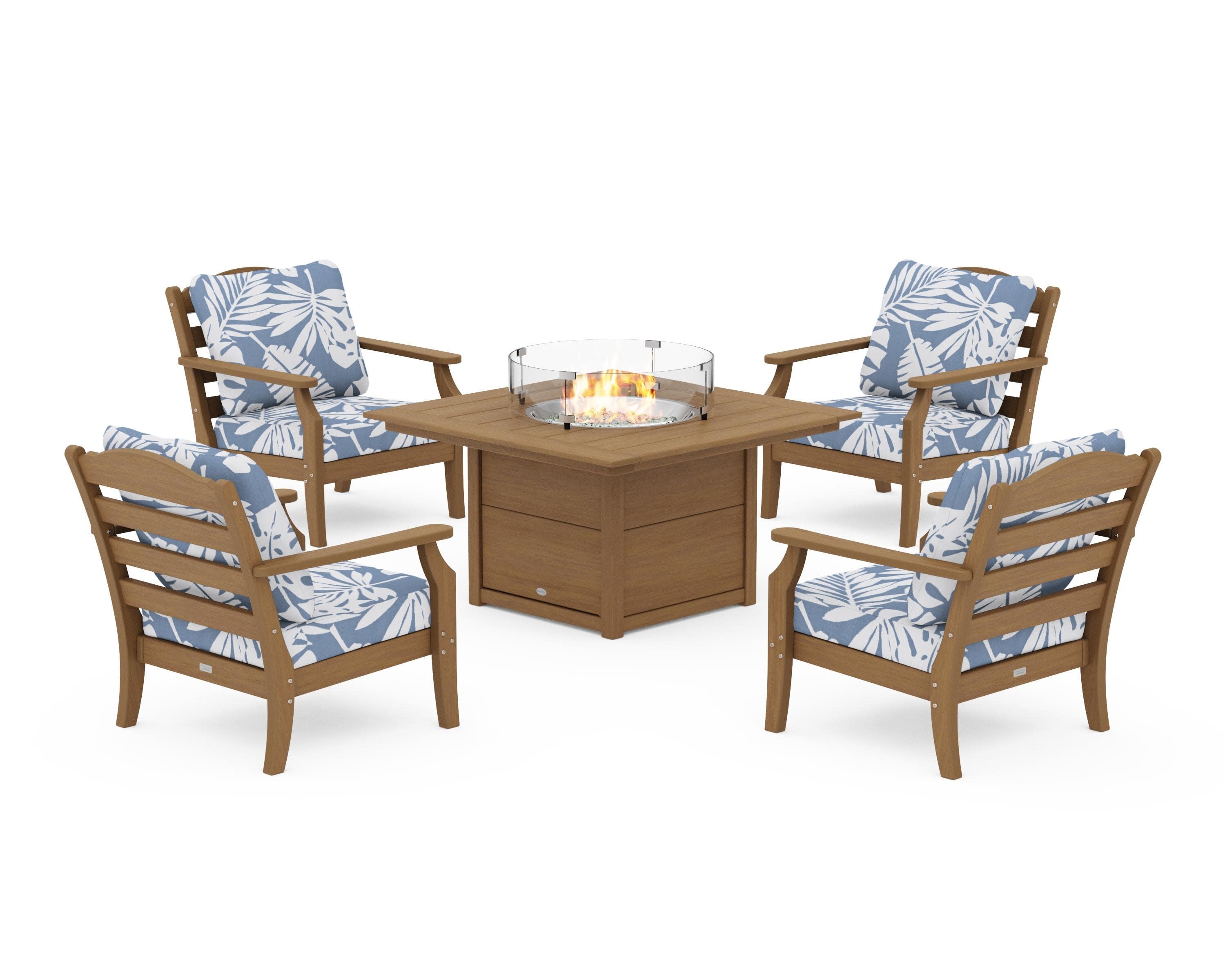 Savannah 5-Piece Deep Seating Set with Fire Pit Table in Natural / Leaf Sky Blue