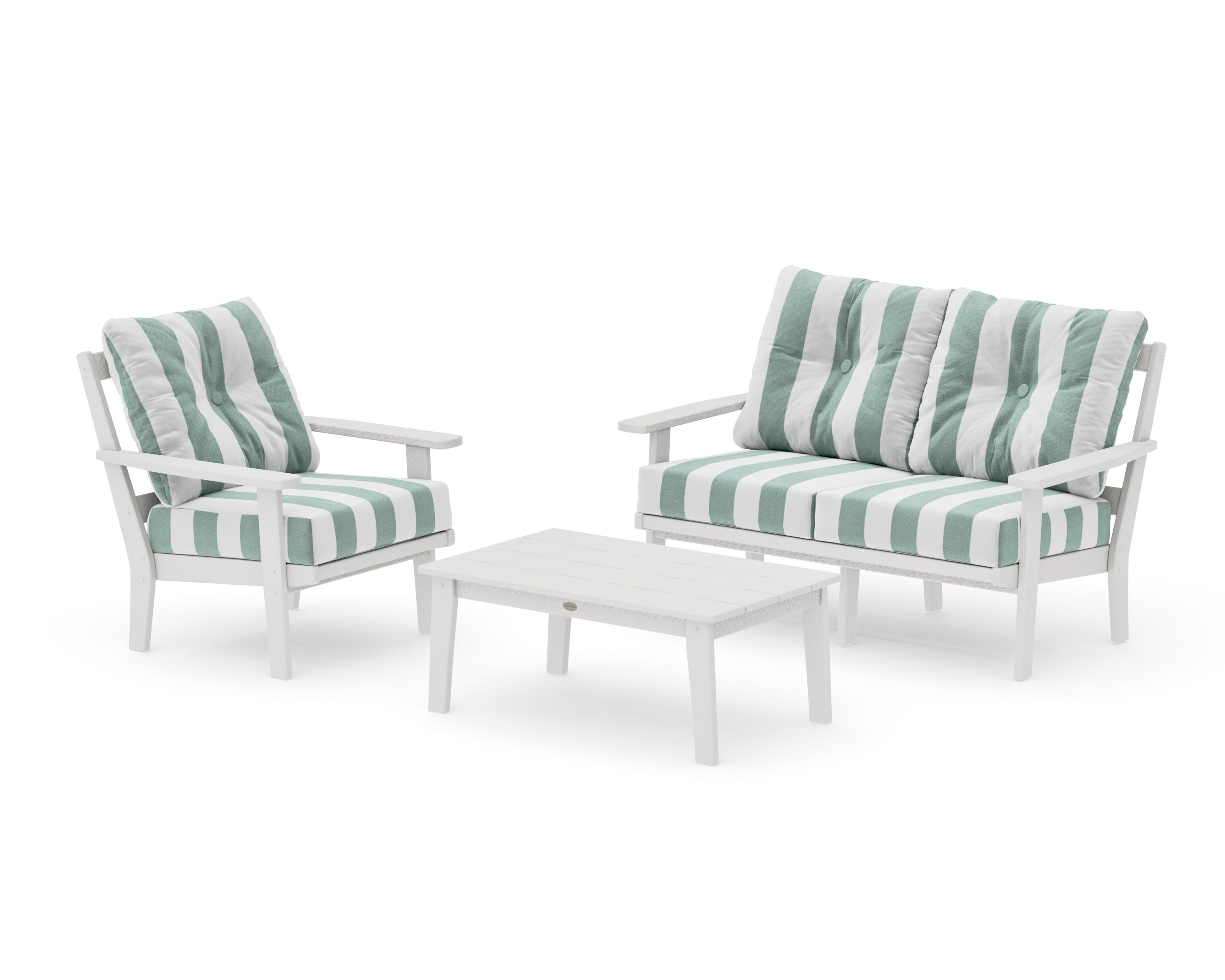 Prairie 3-Piece Deep Seating Set with Loveseat in Vintage White / Cabana Stripe Glacier Spa