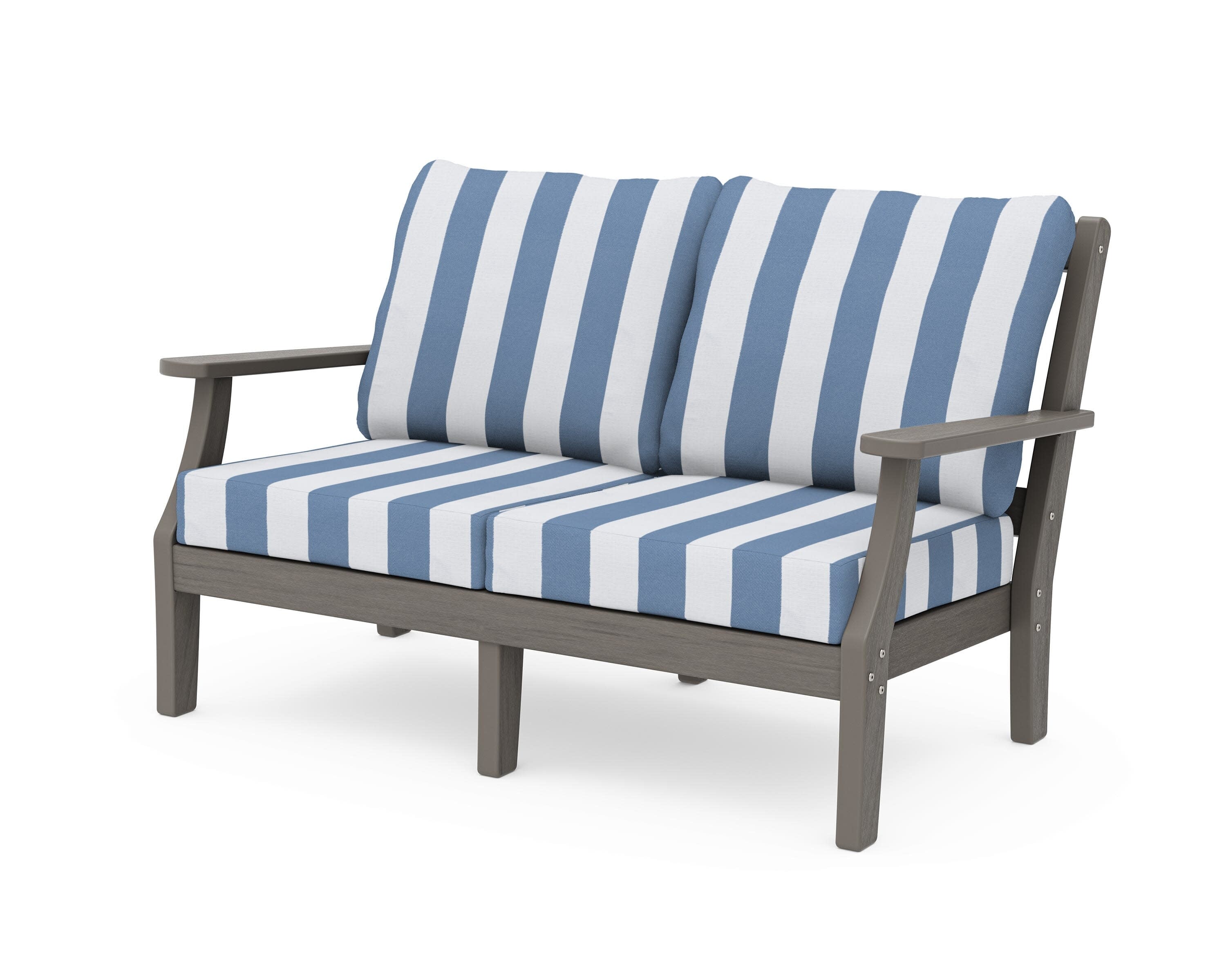 Chinoiserie Deep Seating Loveseat in Driftwood / Cabana Stripe Sky Blue