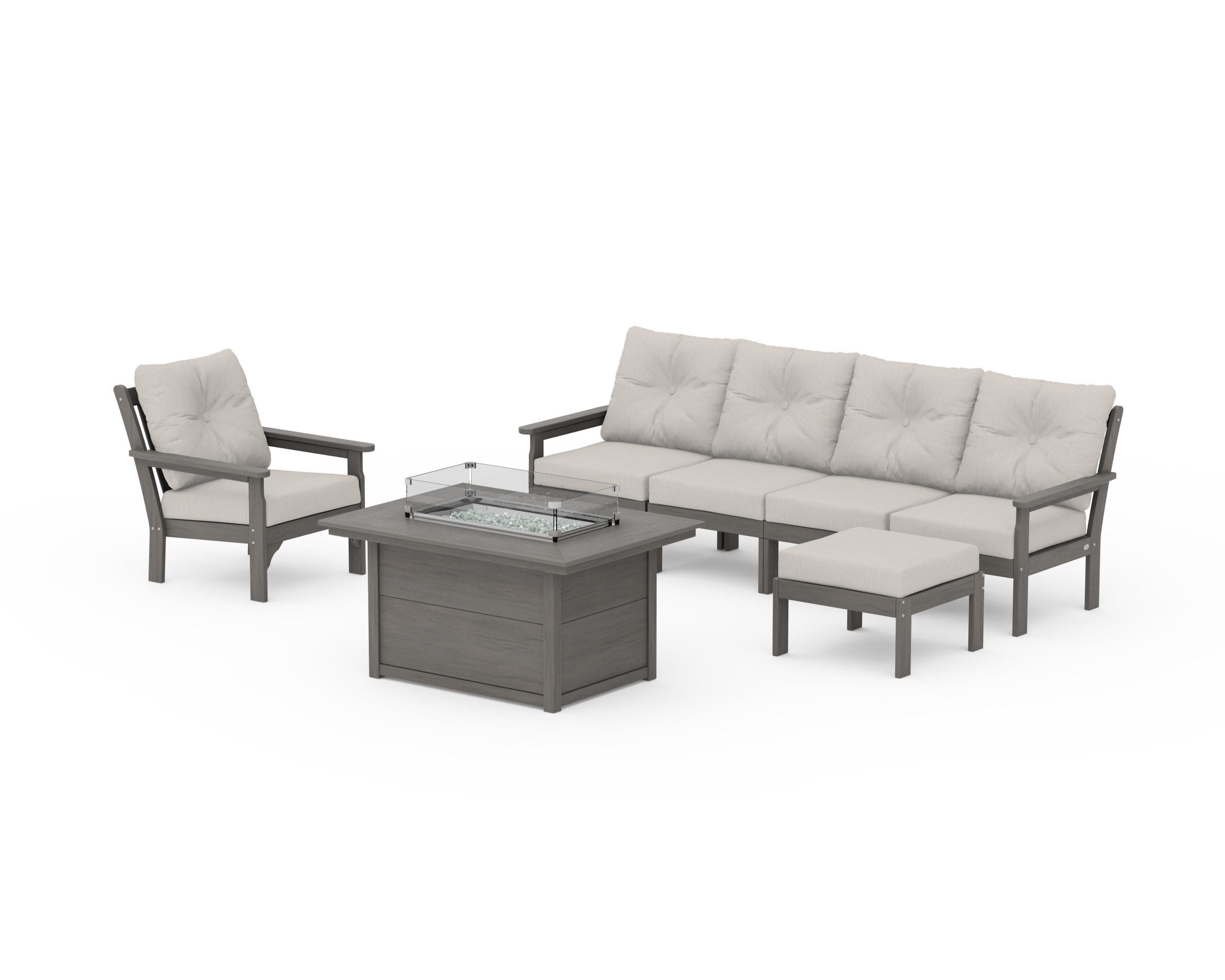 Vineyard Sectional Lounge and Fire Pit Set in Driftwood / Cast Ash
