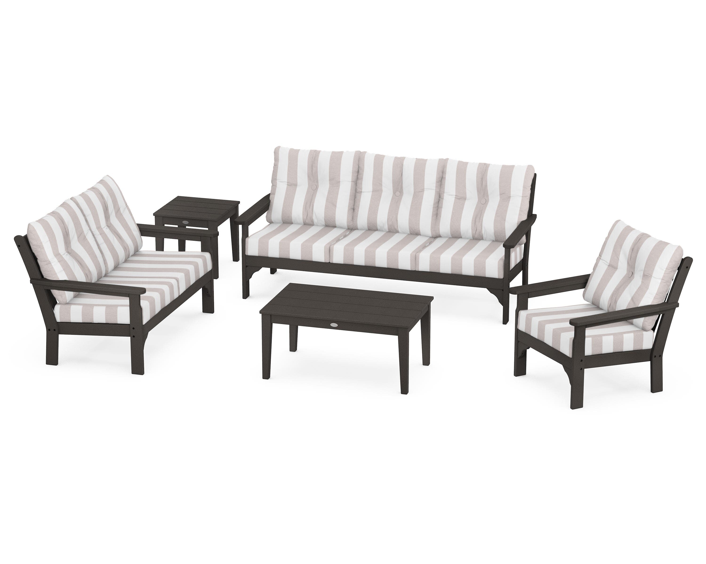 Vineyard 5 Piece Deep Seating Set in Vintage Coffee / Cabana Stripe Dune Burlap