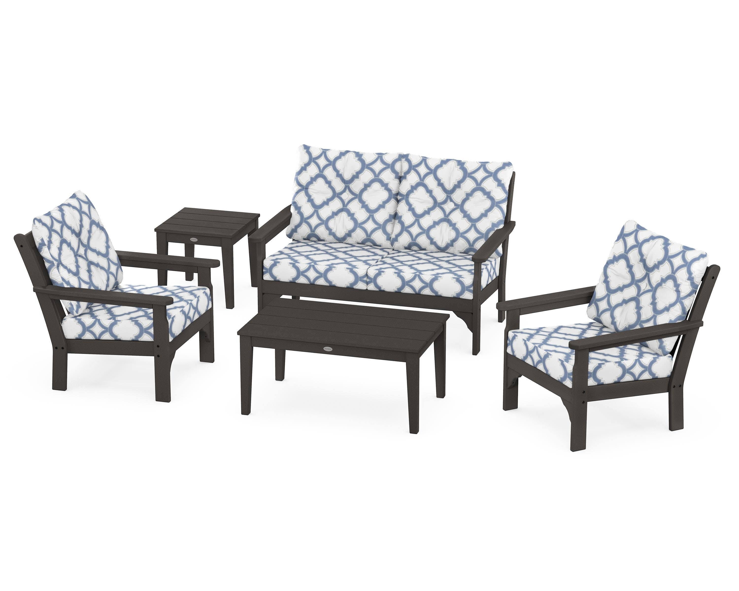 Vineyard 5-Piece Deep Seating Set in Vintage Coffee / Trellis Sky Blue