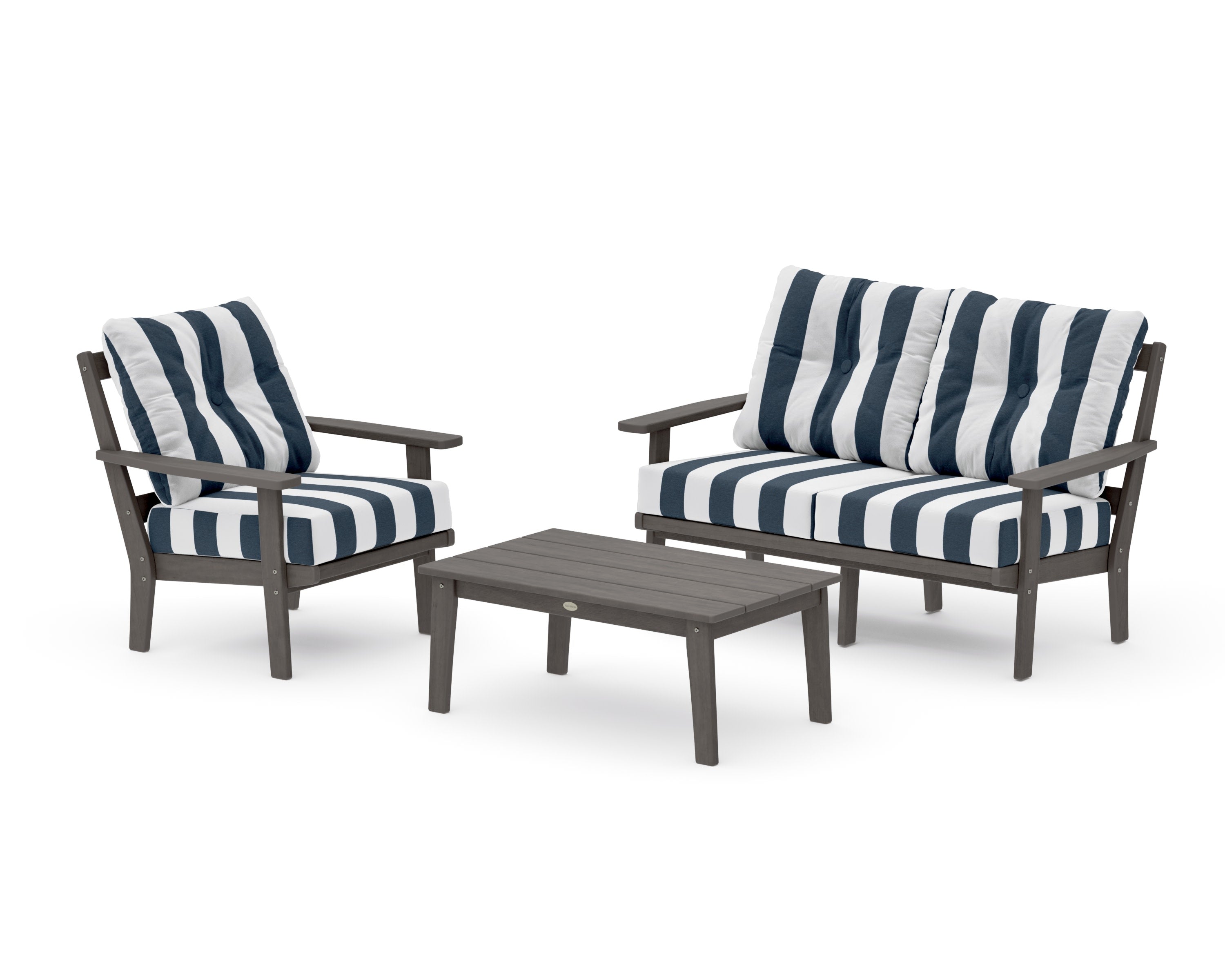 Prairie 3-Piece Deep Seating Set with Loveseat in Driftwood / Cabana Stripe Marine Indigo