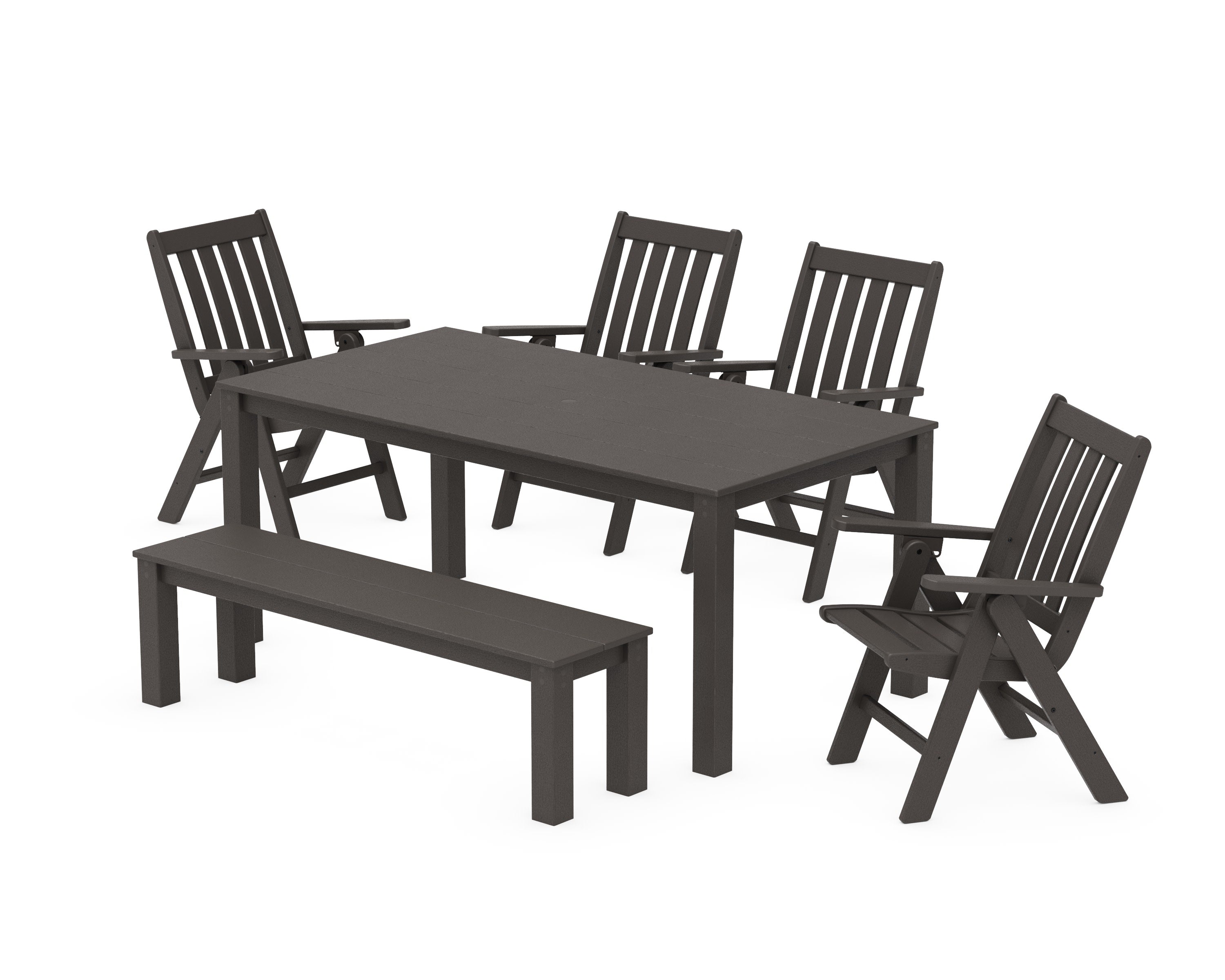 Vineyard Folding Chair 6-Piece Parsons Dining Set with Bench in Vintage Coffee