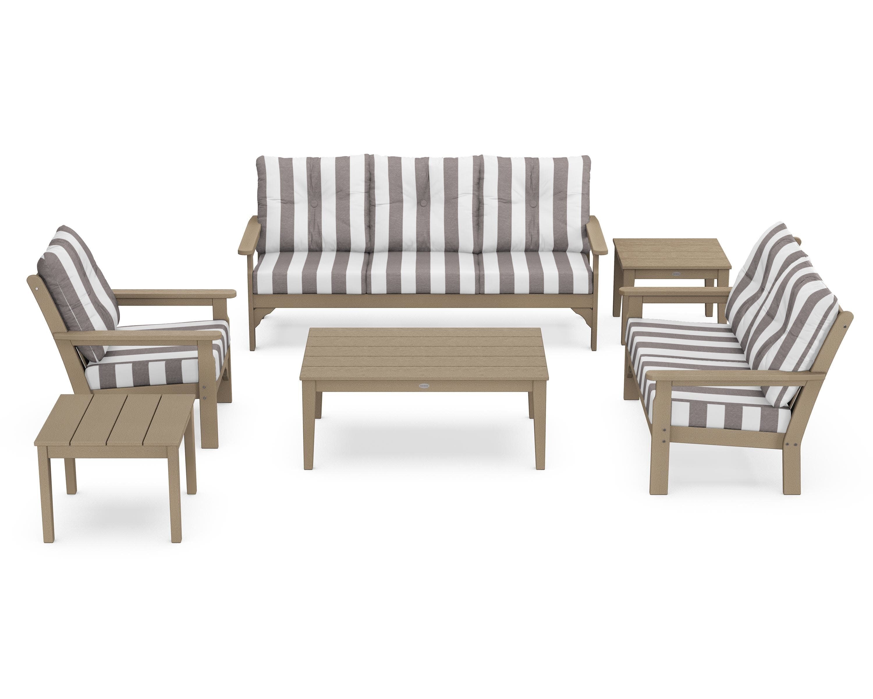 Vineyard 6-Piece Deep Seating Set in Vintage Sahara / Cabana Stripe Grey Mist