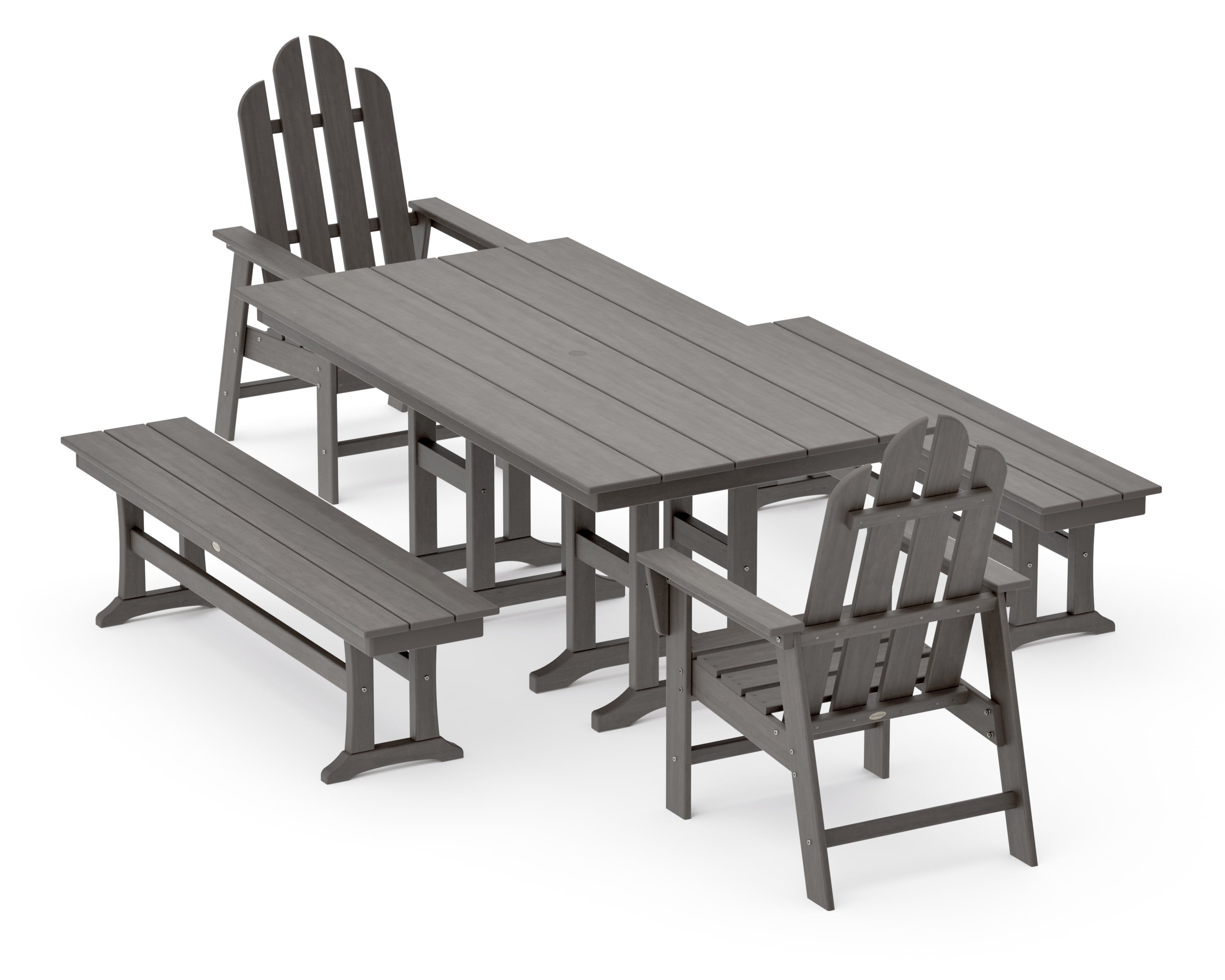 Long Island 5-Piece Farmhouse Dining Set with Benches in Driftwood