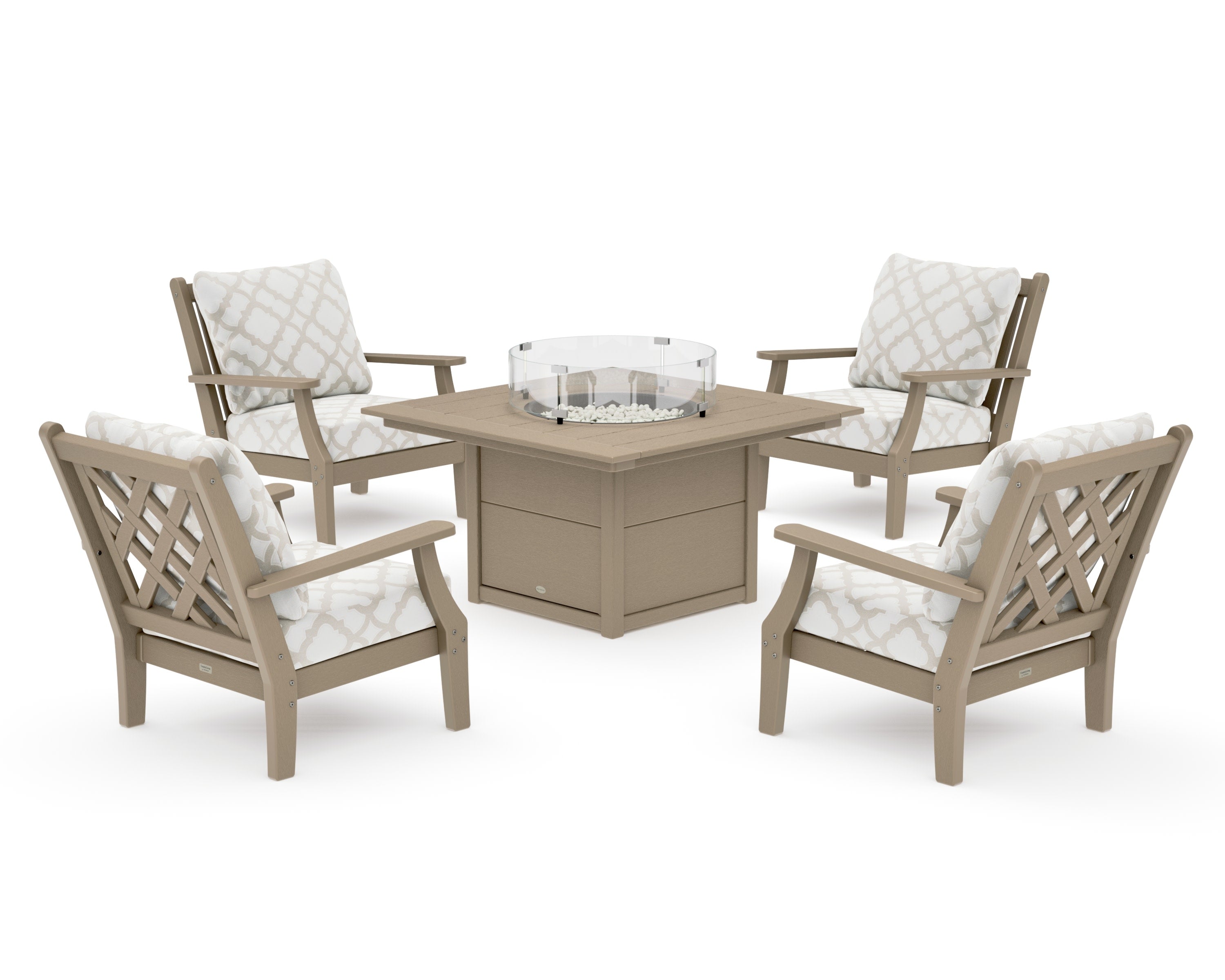 Wovendale 5-Piece Deep Seating Set with Fire Pit Table in Vintage Sahara / Trellis Dune Burlap