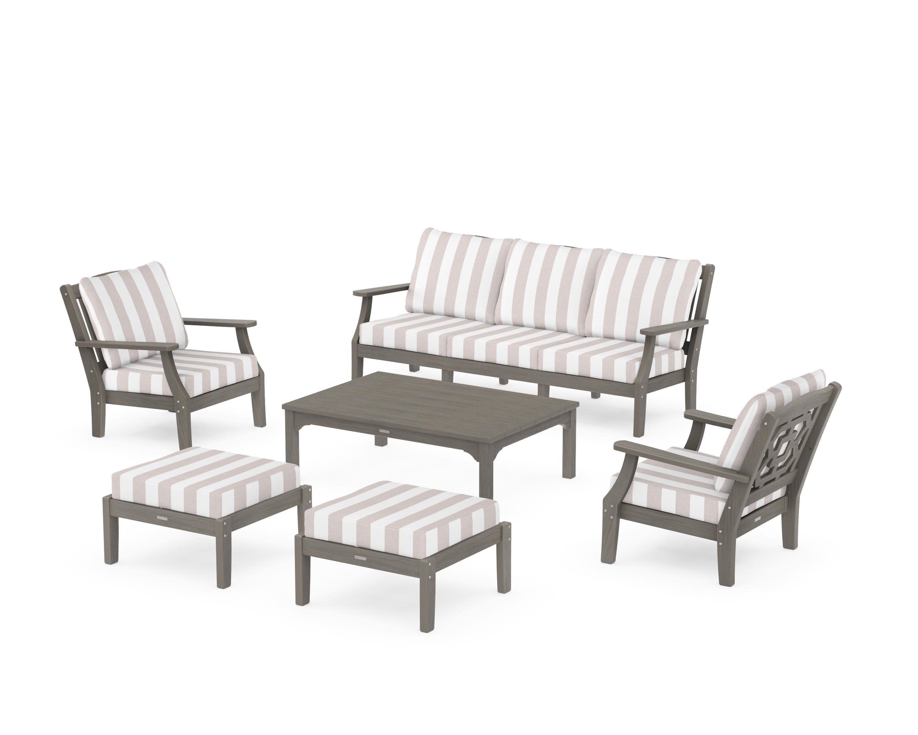 Chinoiserie 6-Piece Lounge Sofa Set in Driftwood / Cabana Stripe Dune Burlap