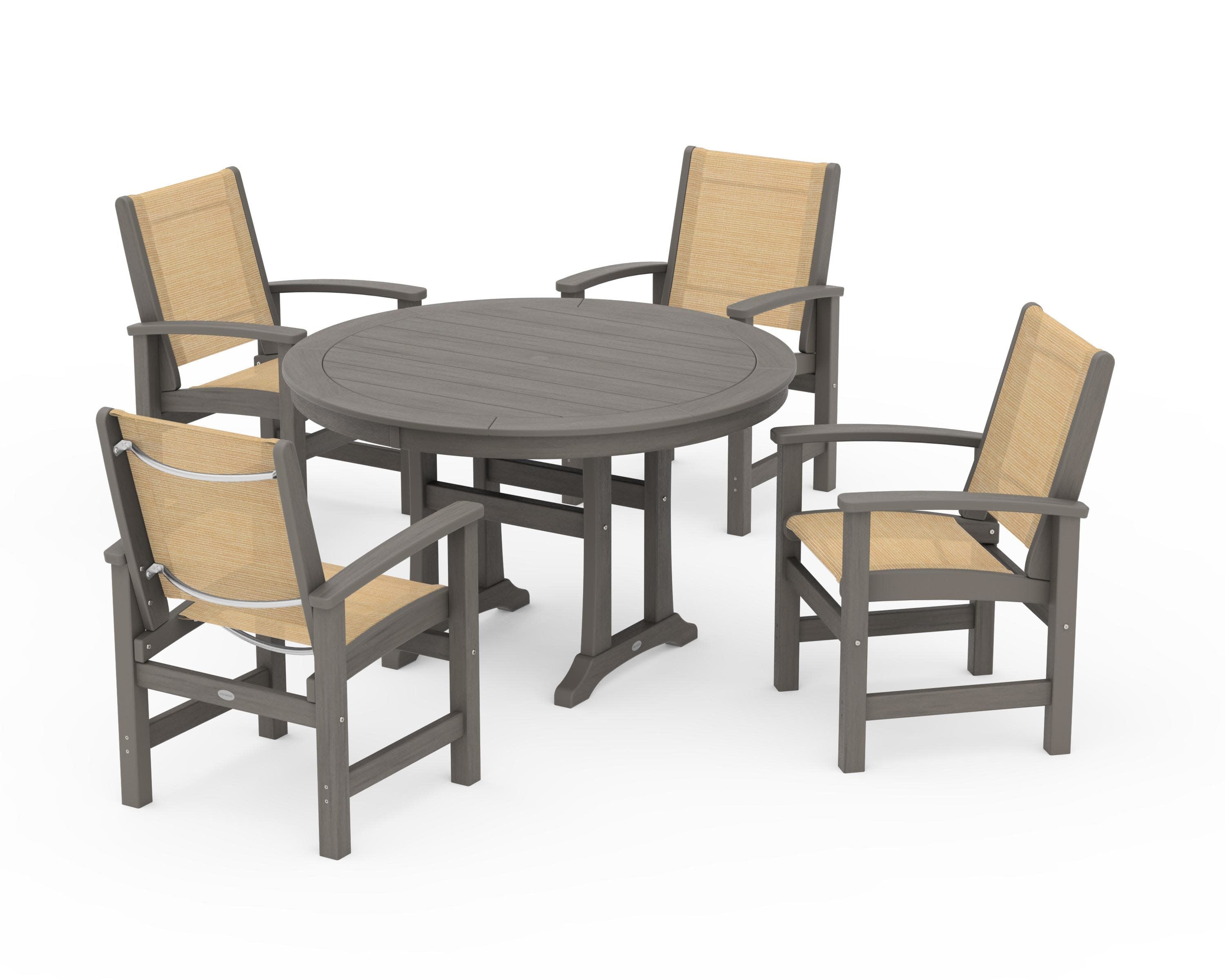Coastal 5-Piece Round Dining Set with Trestle Legs in Driftwood / Dupioni Apricot Sling