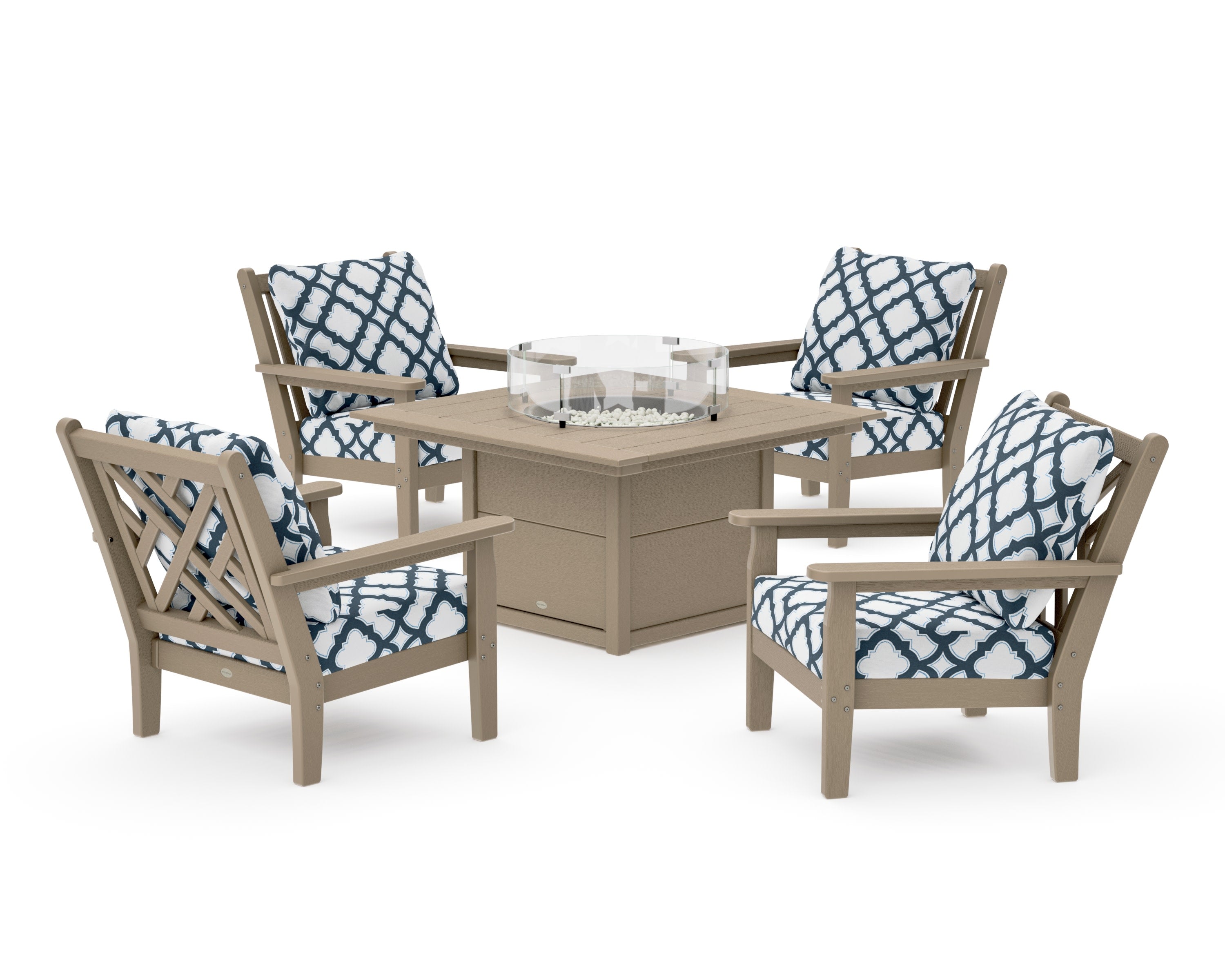 Chippendale 5-Piece Deep Seating Set with Fire Pit Table in Vintage Sahara / Trellis Marine Indigo