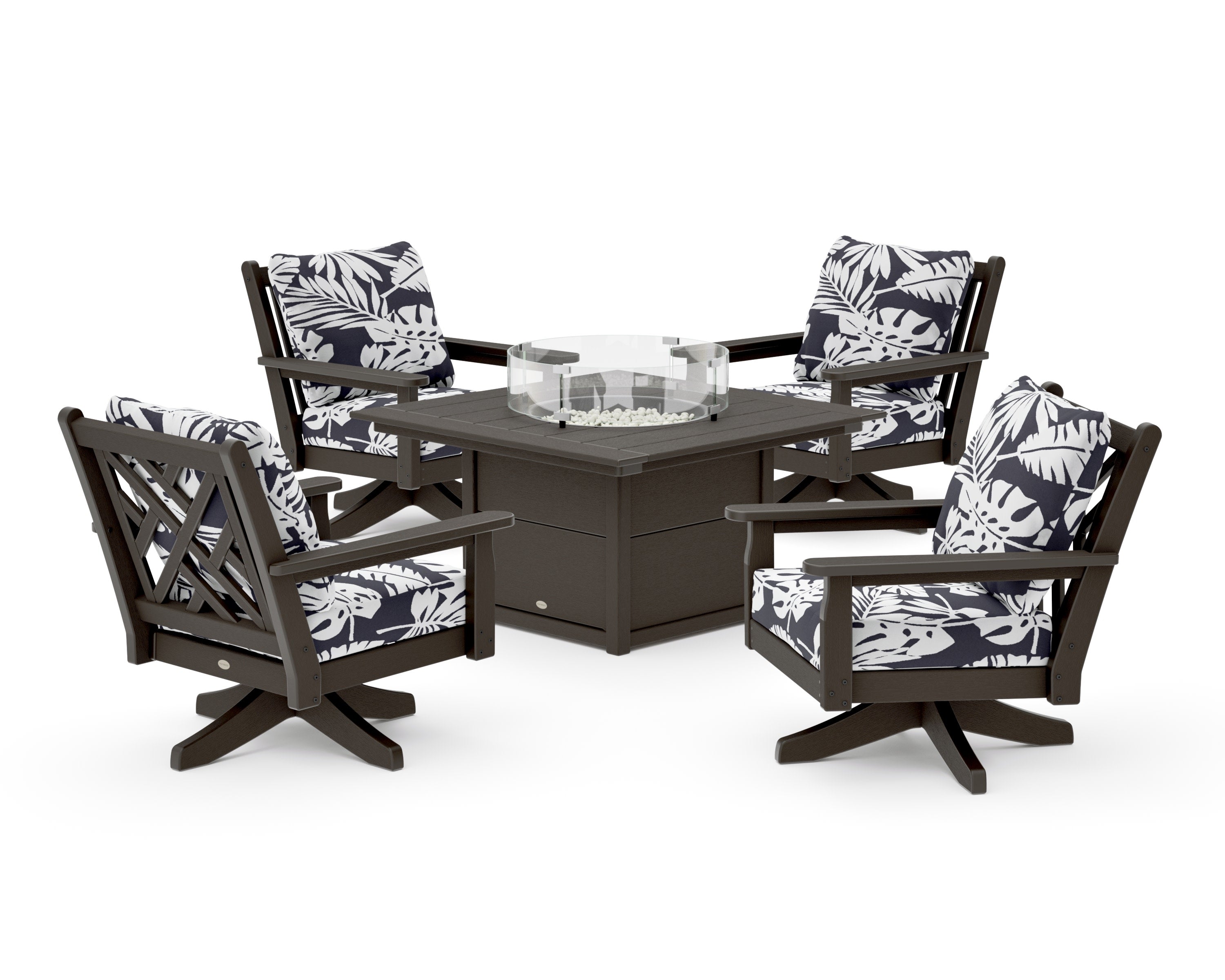 Chippendale 5-Piece Deep Seating Swivel Conversation Set with Fire Pit Table in Vintage Coffee / Leaf Navy