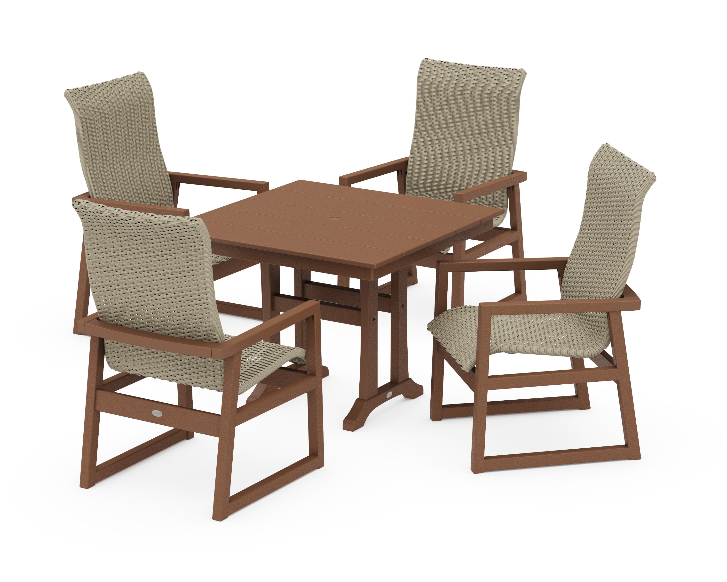 EDGE Woven Highback 5-Piece Farmhouse Dining Set with Trestle Legs in Teak / Dune Grass