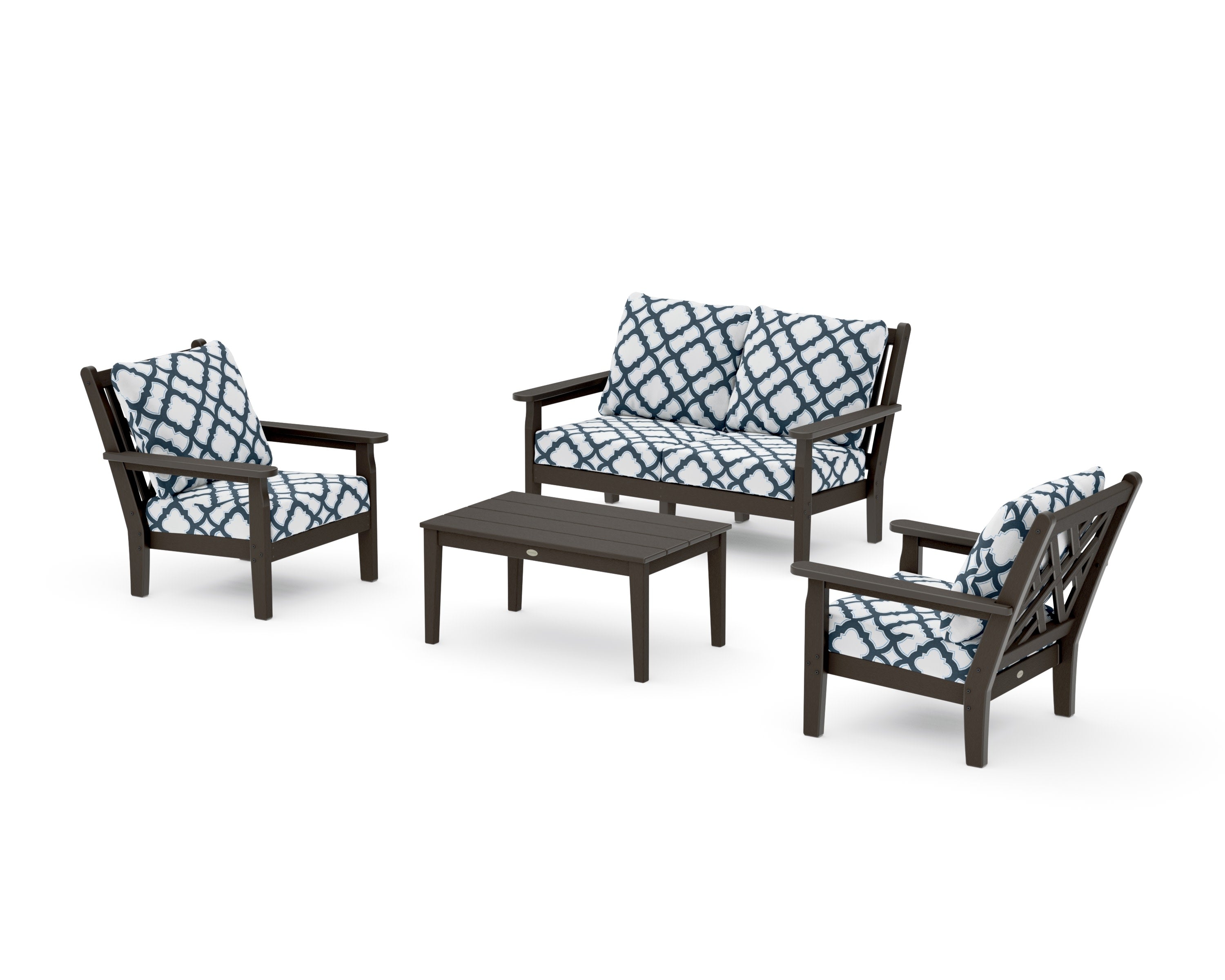Chippendale 4-Piece Deep Seating Set with Loveseat in Vintage Coffee / Trellis Marine Indigo