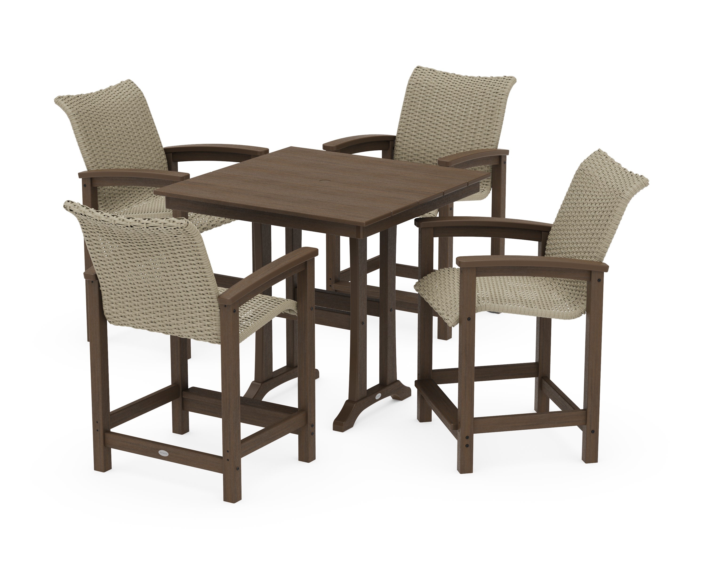 Coastal Woven 5-Piece Farmhouse Counter Set with Trestle Legs in Kona / Dune Grass