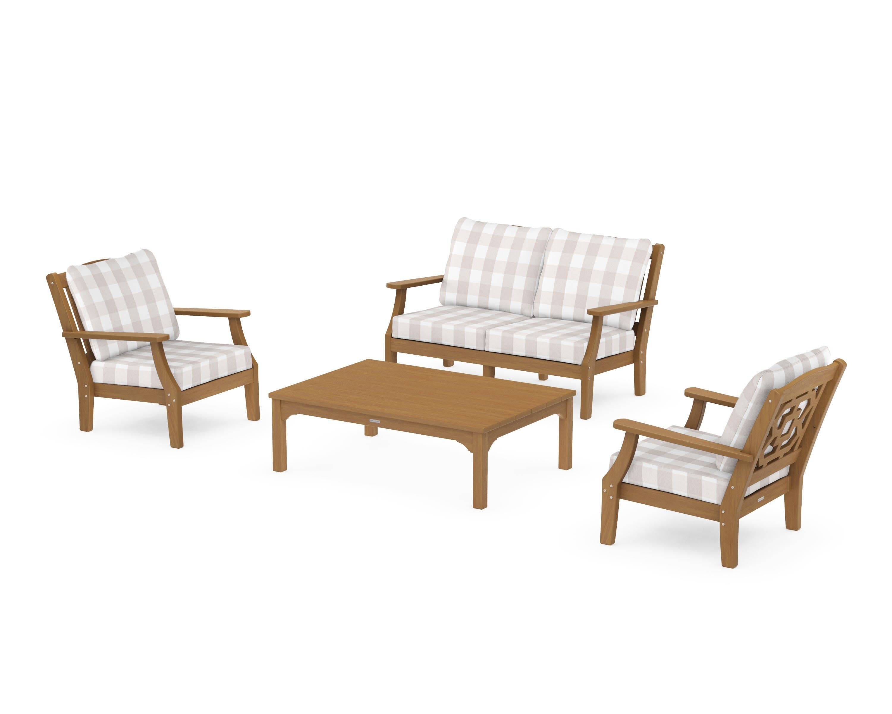 Chinoiserie 4-Piece Deep Seating Set with Loveseat in Natural / Buffalo Plaid Dune Burlap