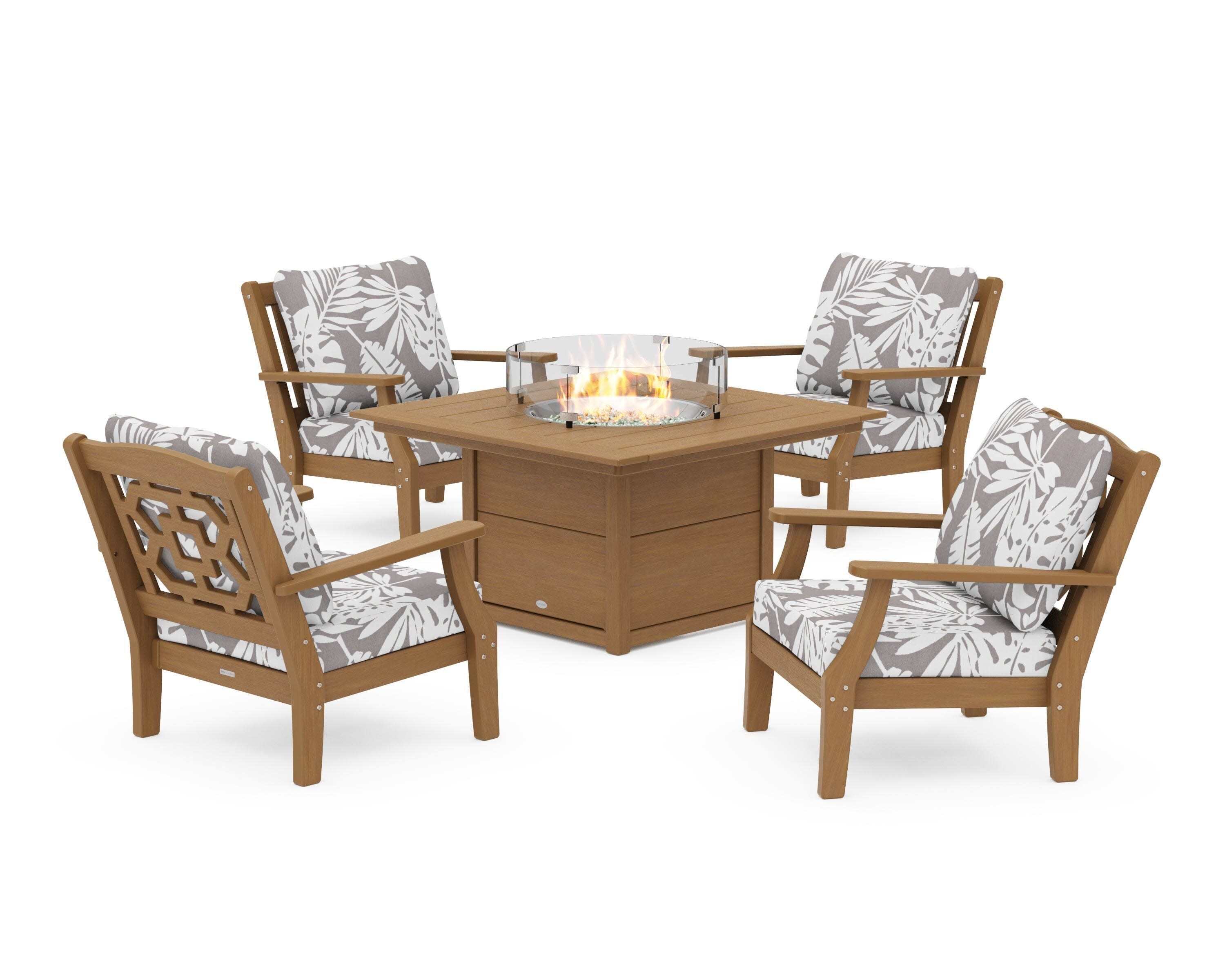 Chinoiserie 5-Piece Deep Seating Set with Fire Pit Table in Natural / Leaf Grey Mist