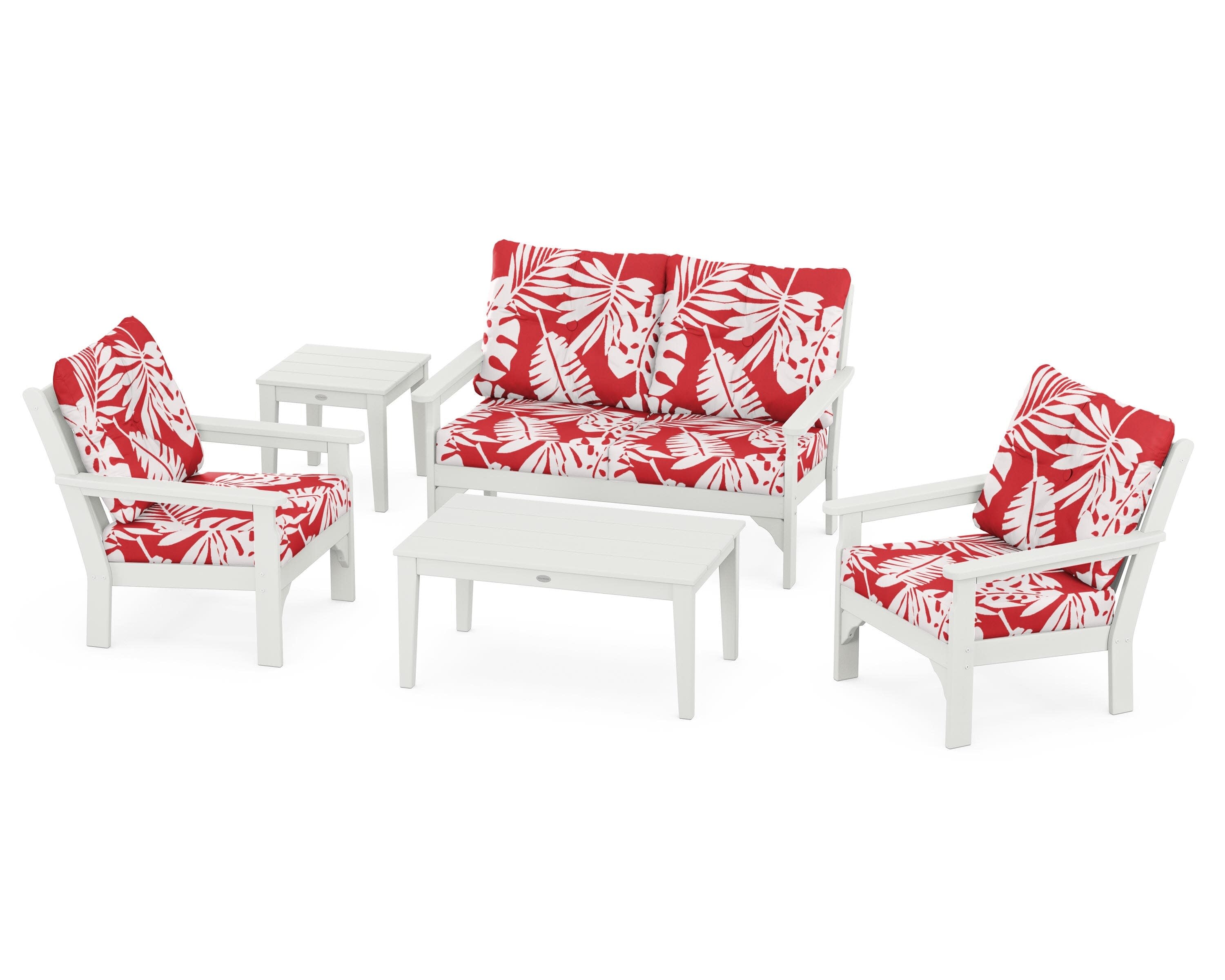 Vineyard 5-Piece Deep Seating Set in Vintage White / Leaf Crimson