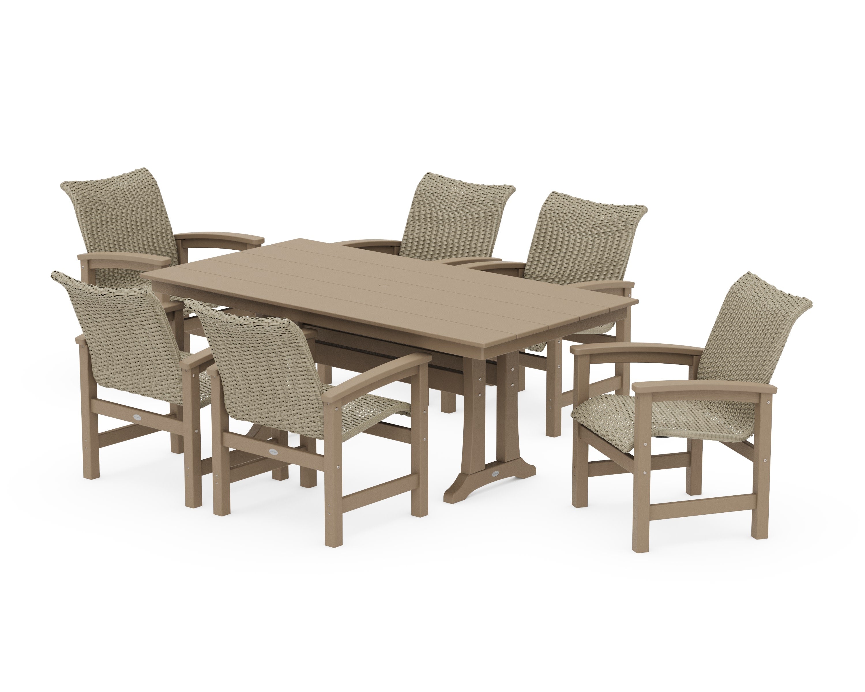 Coastal Woven Arm Chair 7-Piece Farmhouse Dining Set with Trestle Legs in Vintage Sahara / Dune Grass