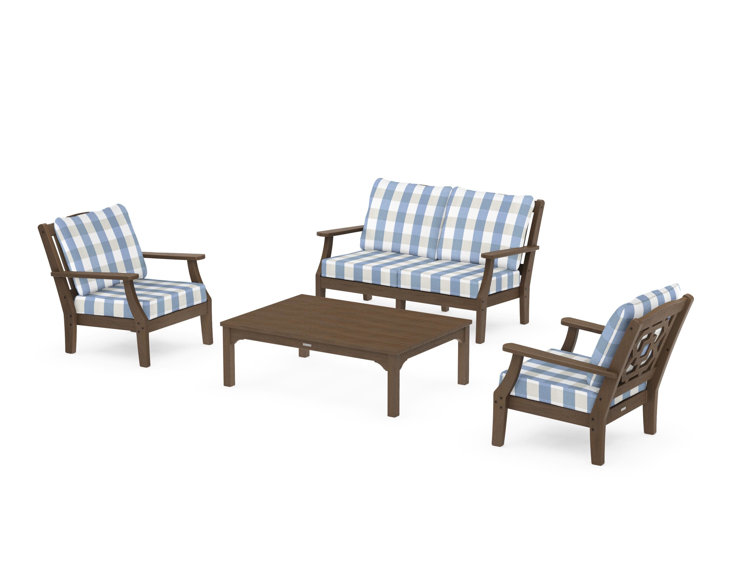 Chinoiserie 4-Piece Deep Seating Set with Loveseat in Kona / Buffalo Plaid Sky Blue